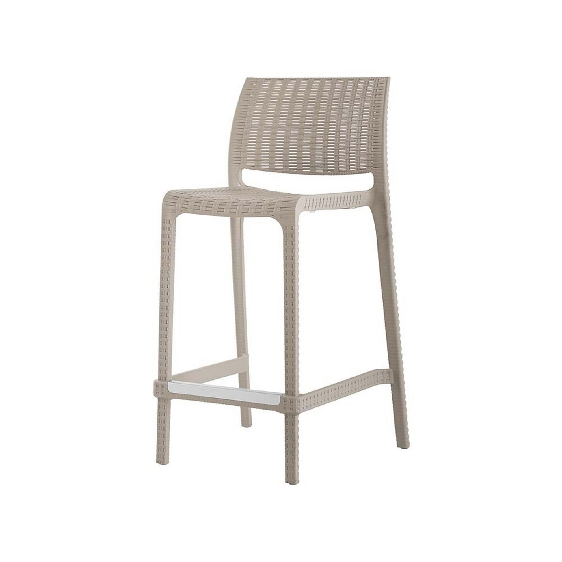 Set of Four 26" Taupe Faux Rattan Heavy Duty Plastic Low Back Outdoor Counter Height Bar Chairs-Outdoor Bar Chairs-DECOROLALA