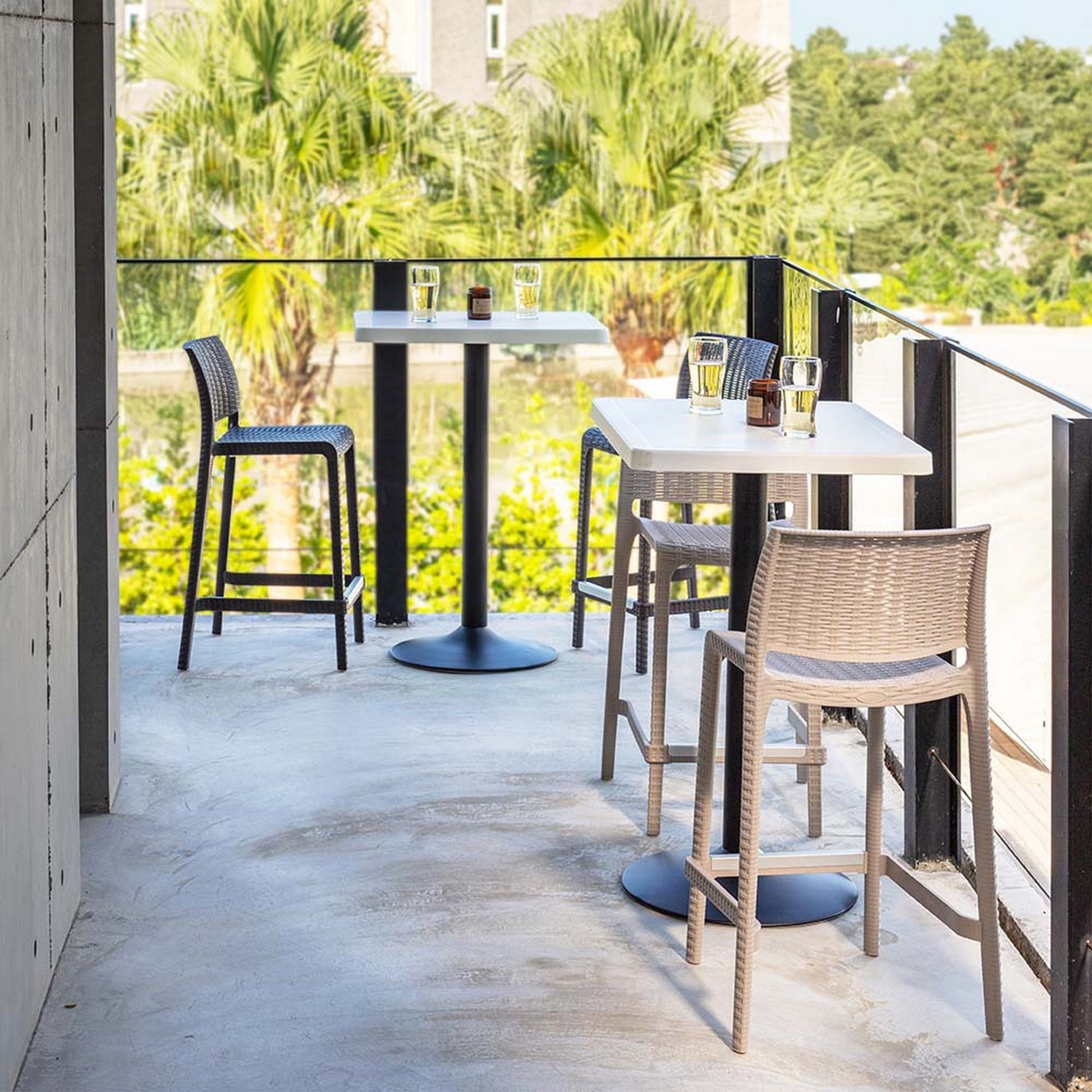 Set of Four 26" Taupe Faux Rattan Heavy Duty Plastic Low Back Outdoor Counter Height Bar Chairs-Outdoor Bar Chairs-DECOROLALA