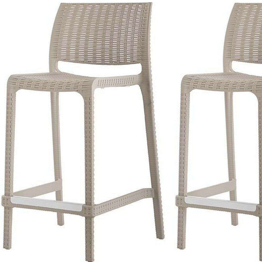 Set of Four 26" Taupe Faux Rattan Heavy Duty Plastic Low Back Outdoor Counter Height Bar Chairs-Outdoor Bar Chairs-DECOROLALA