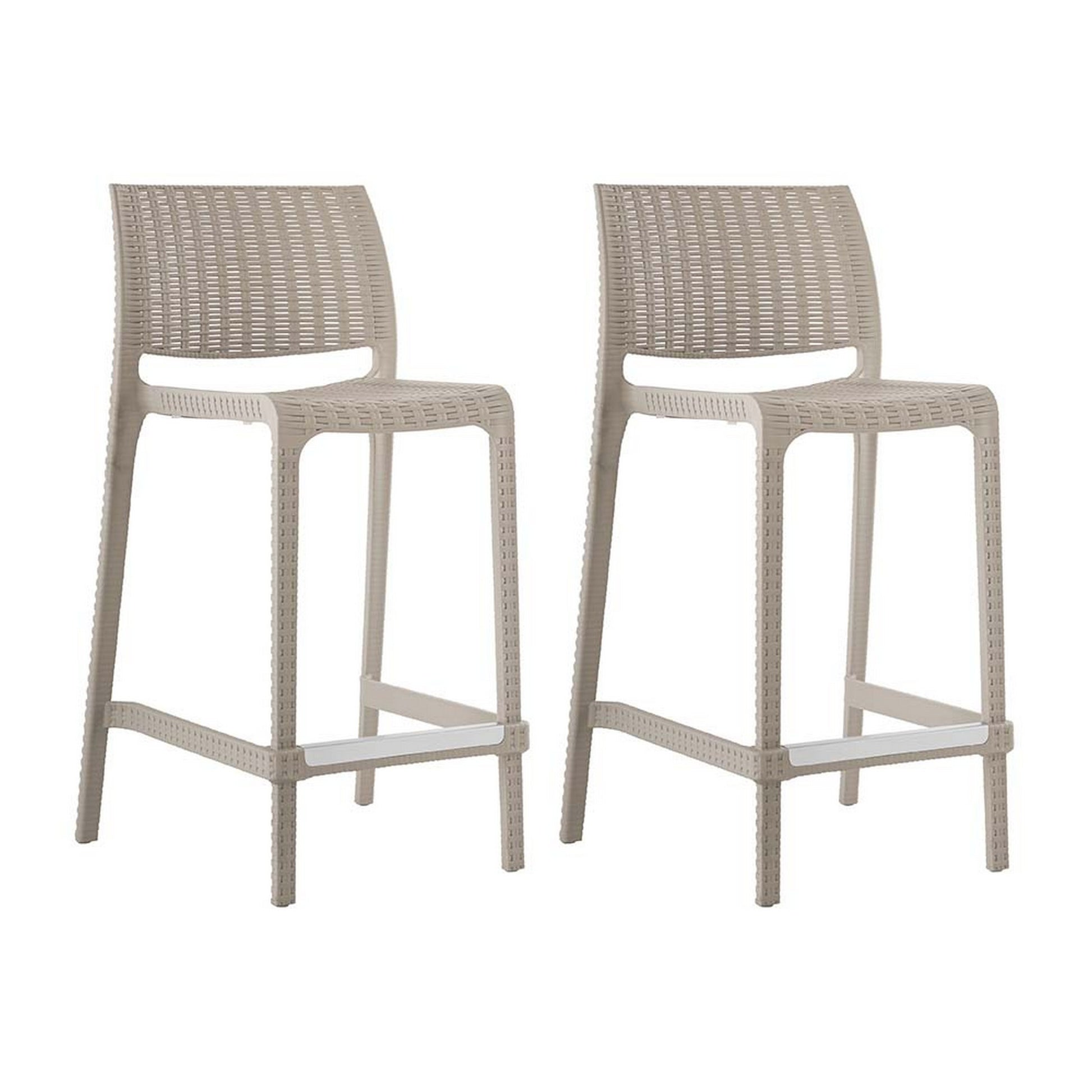 Set of Four 26" Taupe Faux Rattan Heavy Duty Plastic Low Back Outdoor Counter Height Bar Chairs-Outdoor Bar Chairs-DECOROLALA