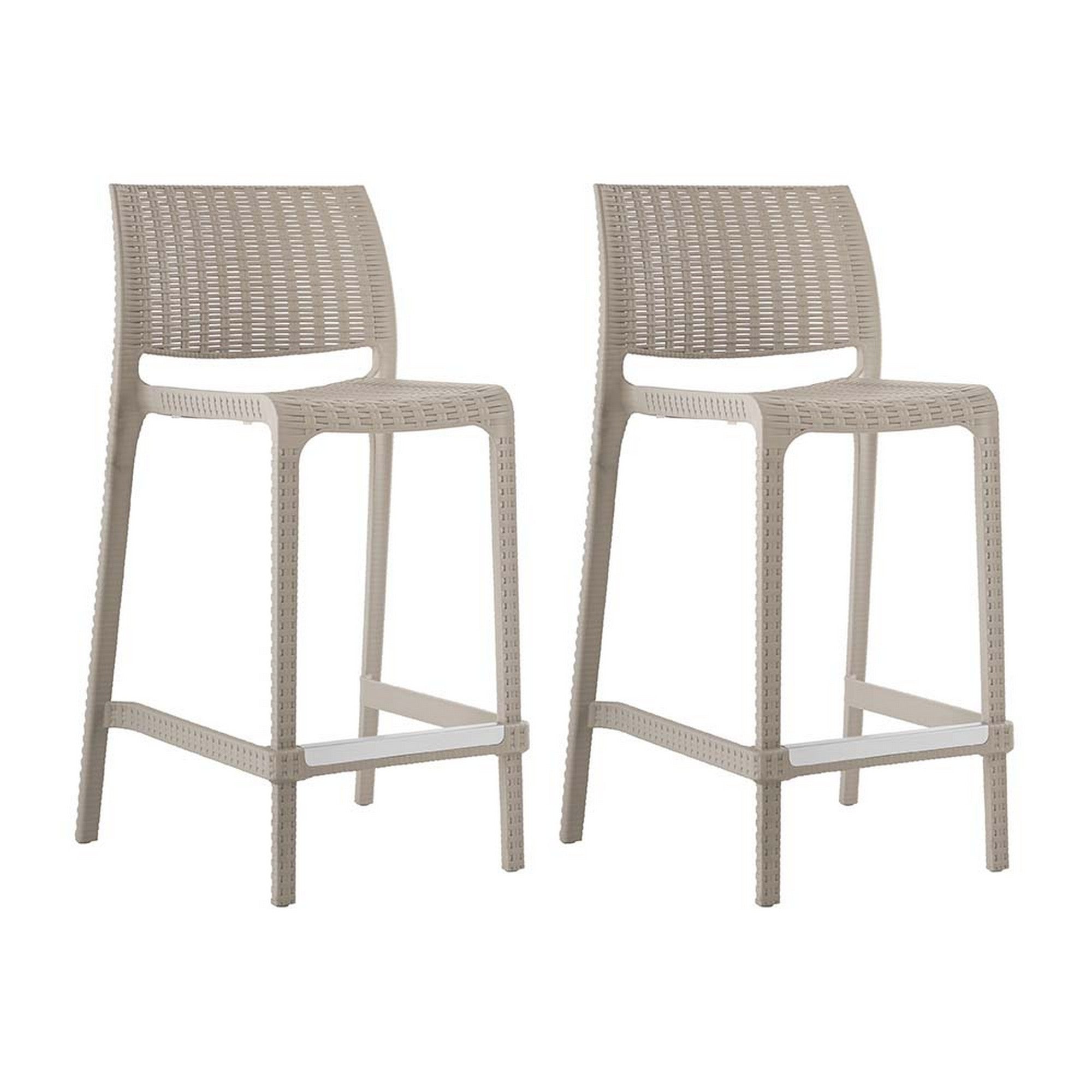Set of Four 26" Taupe Faux Rattan Heavy Duty Plastic Low Back Outdoor Counter Height Bar Chairs-Outdoor Bar Chairs-DECOROLALA