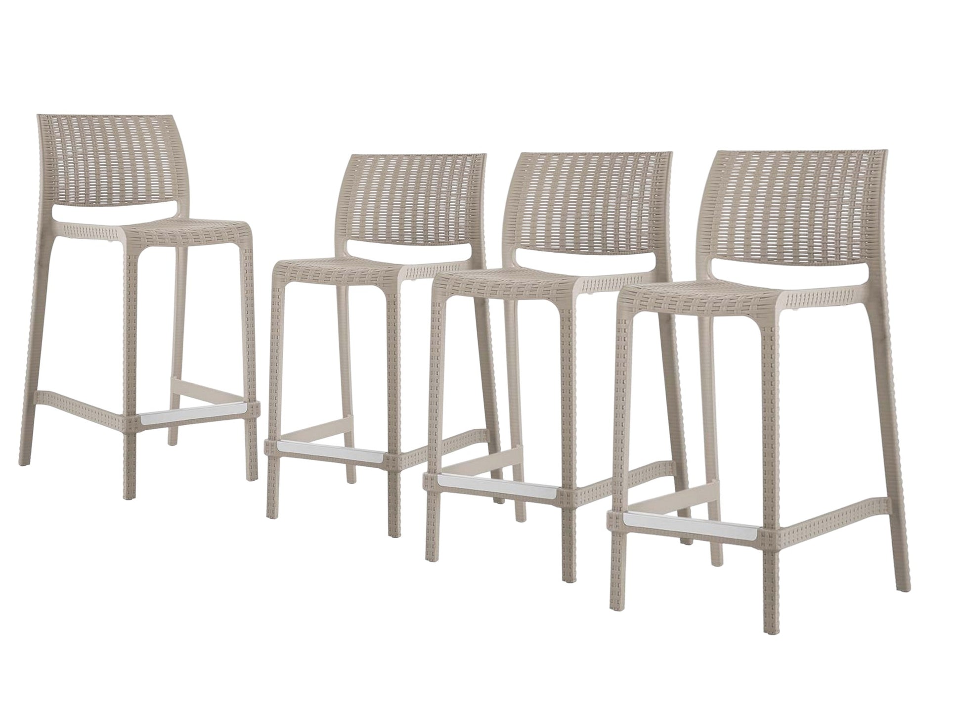 Set of Four 26" Taupe Faux Rattan Heavy Duty Plastic Low Back Outdoor Counter Height Bar Chairs-Outdoor Bar Chairs-DECOROLALA