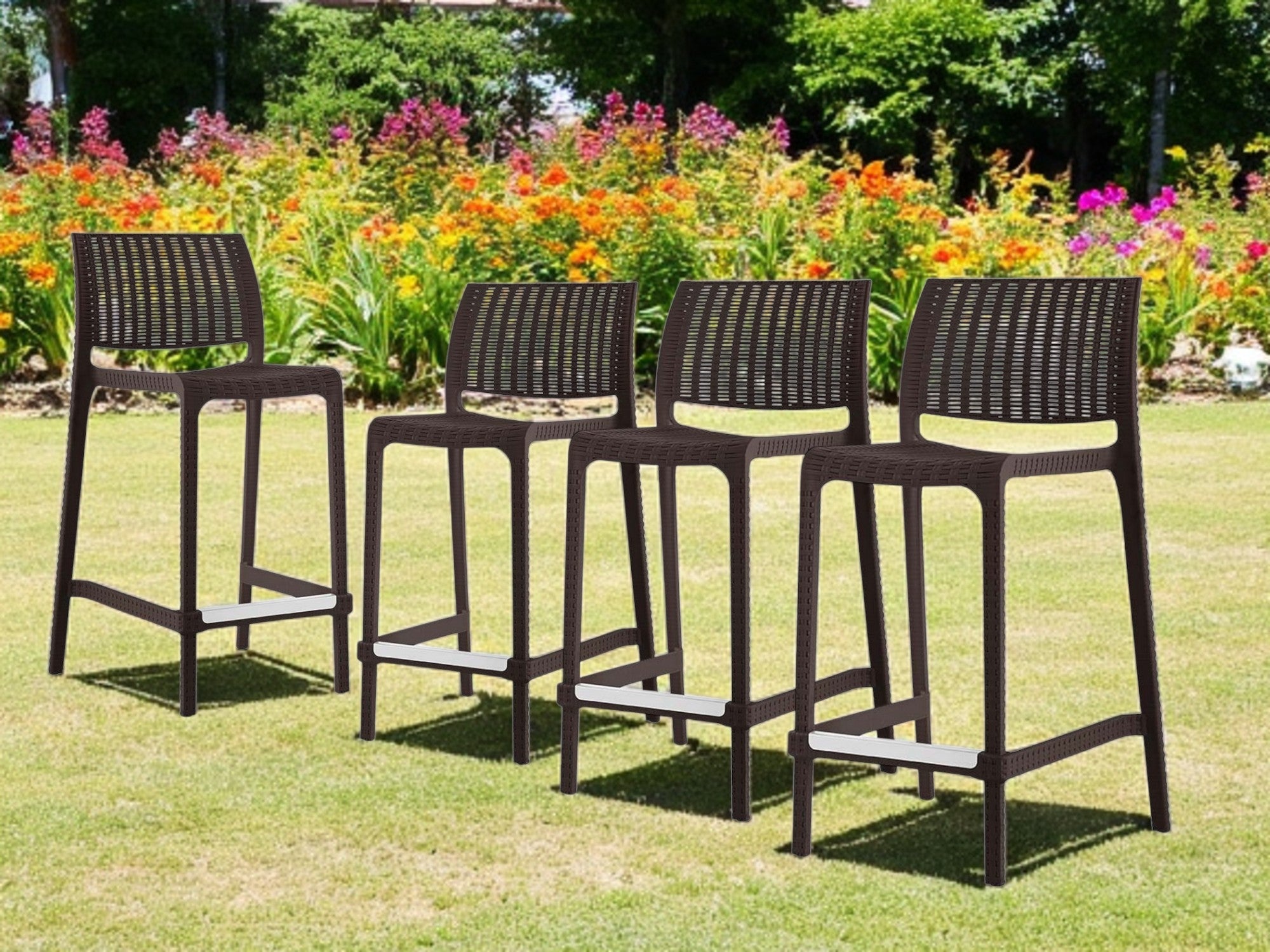 Set of Four 26" Brown Faux Rattan Heavy Duty Plastic Low Back Outdoor Counter Height Bar Chairs-Outdoor Bar Chairs-DECOROLALA