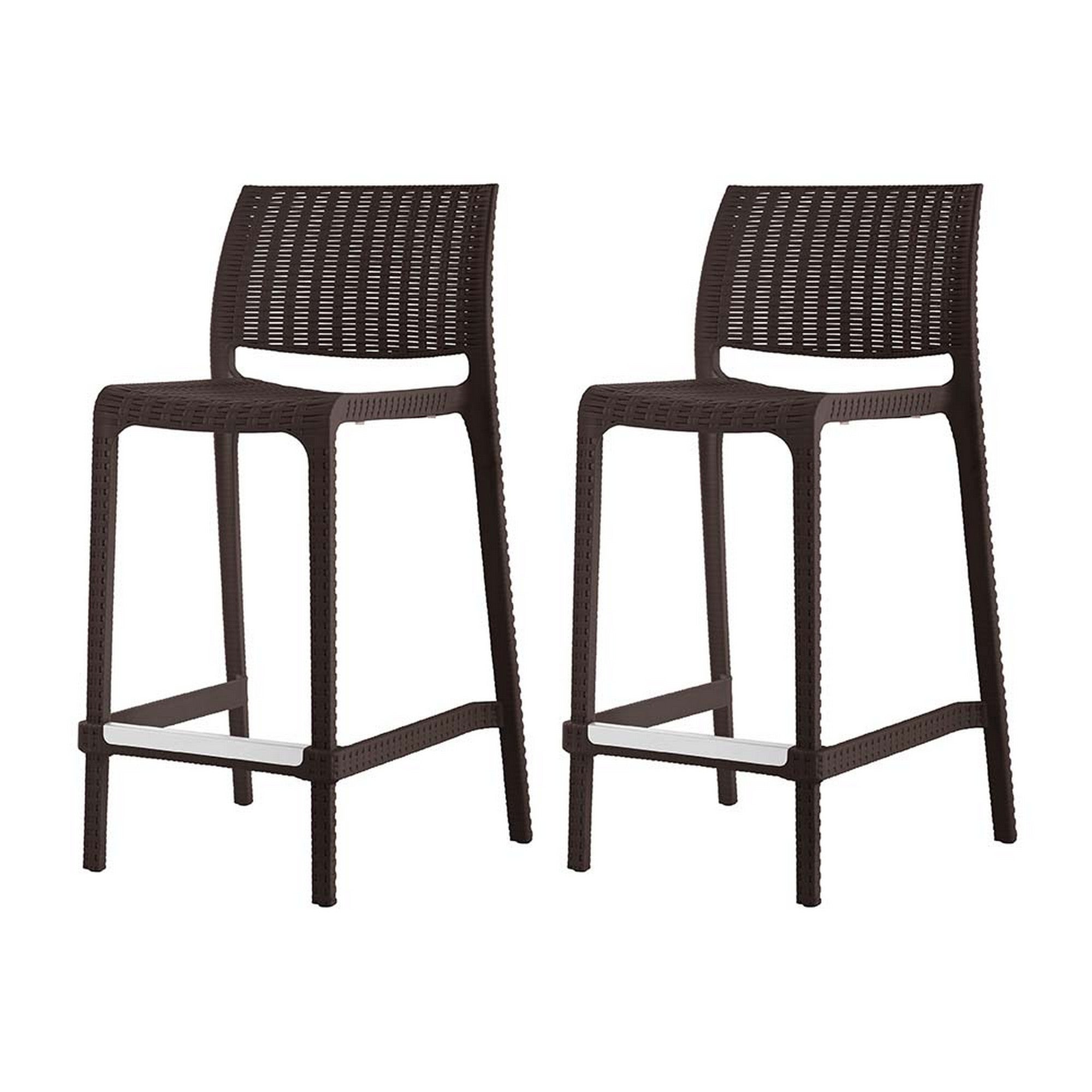 Set of Four 26" Brown Faux Rattan Heavy Duty Plastic Low Back Outdoor Counter Height Bar Chairs-Outdoor Bar Chairs-DECOROLALA