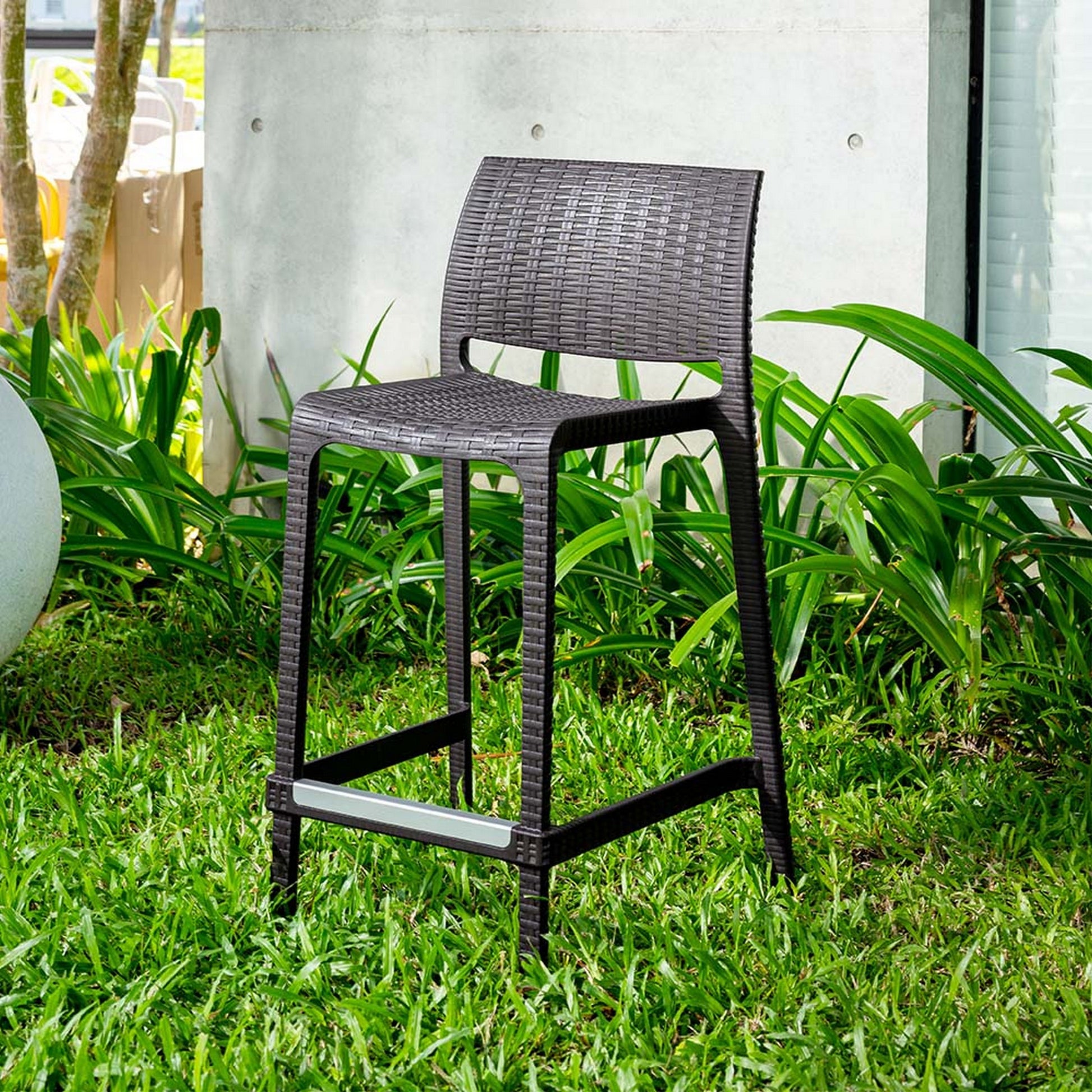 Set of Four 26" Brown Faux Rattan Heavy Duty Plastic Low Back Outdoor Counter Height Bar Chairs-Outdoor Bar Chairs-DECOROLALA