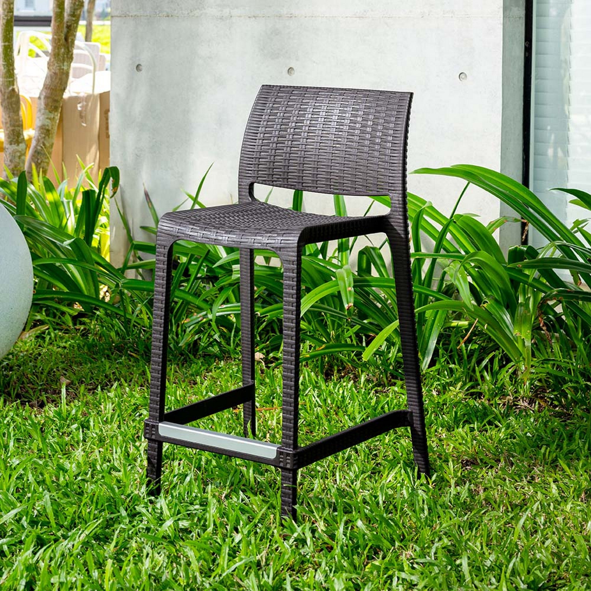 Set of Four 26" Brown Faux Rattan Heavy Duty Plastic Low Back Outdoor Counter Height Bar Chairs-Outdoor Bar Chairs-DECOROLALA