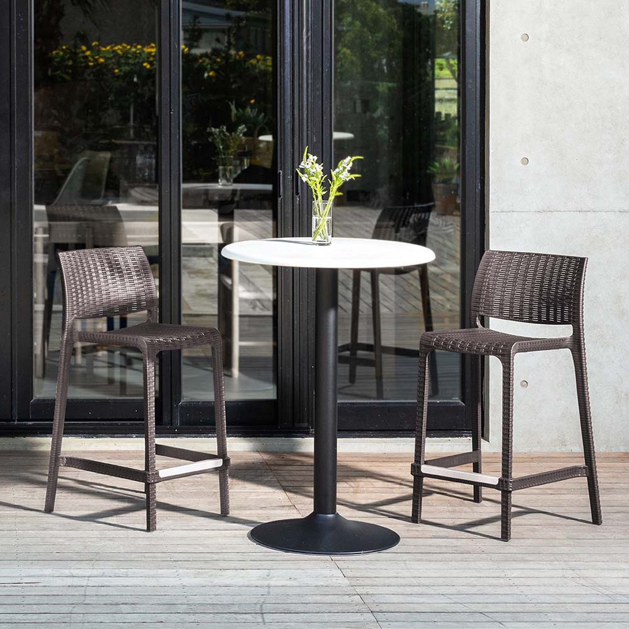 Set of Four 26" Brown Faux Rattan Heavy Duty Plastic Low Back Outdoor Counter Height Bar Chairs-Outdoor Bar Chairs-DECOROLALA