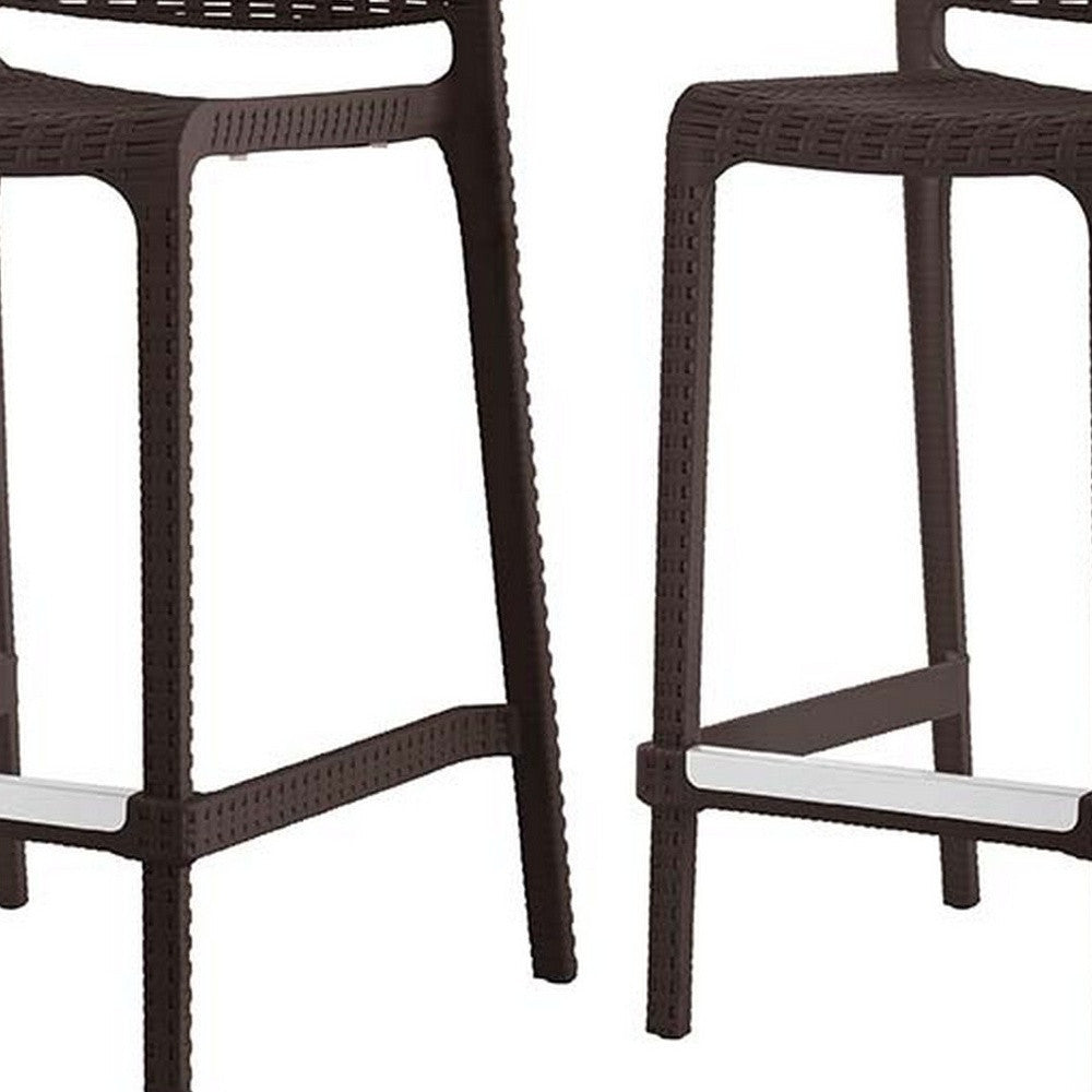 Set of Four 26" Brown Faux Rattan Heavy Duty Plastic Low Back Outdoor Counter Height Bar Chairs-Outdoor Bar Chairs-DECOROLALA