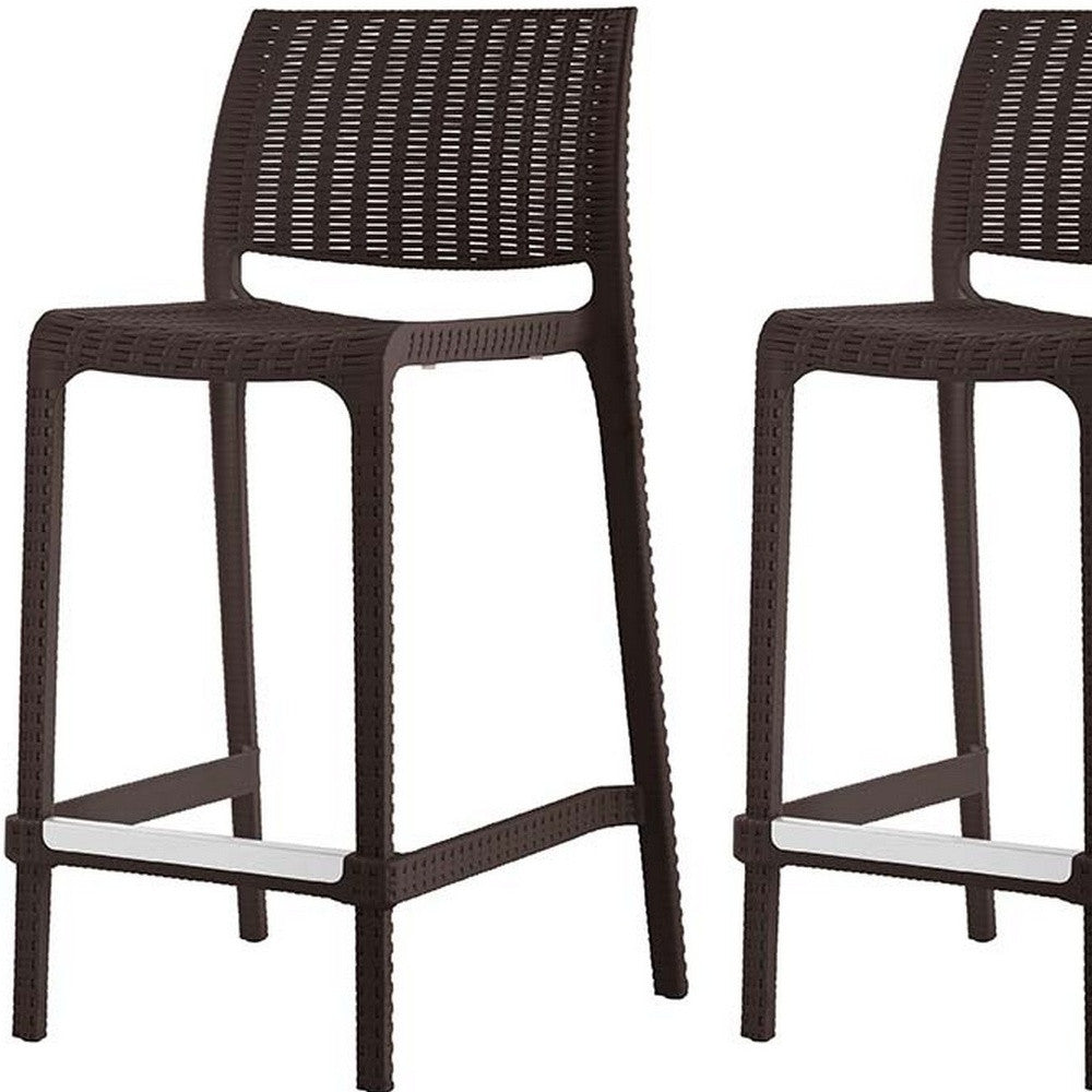 Set of Four 26" Brown Faux Rattan Heavy Duty Plastic Low Back Outdoor Counter Height Bar Chairs-Outdoor Bar Chairs-DECOROLALA