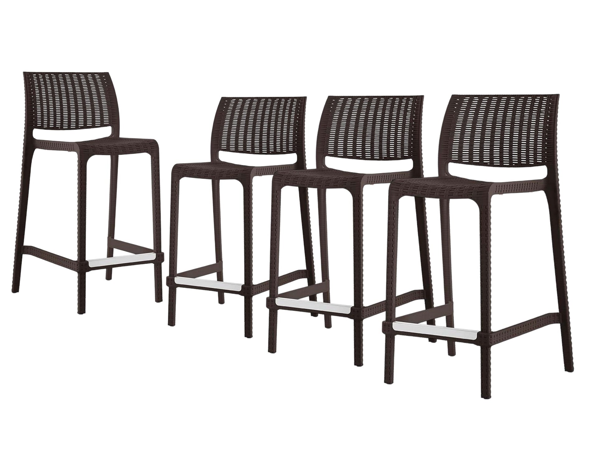 Set of Four 26" Brown Faux Rattan Heavy Duty Plastic Low Back Outdoor Counter Height Bar Chairs-Outdoor Bar Chairs-DECOROLALA