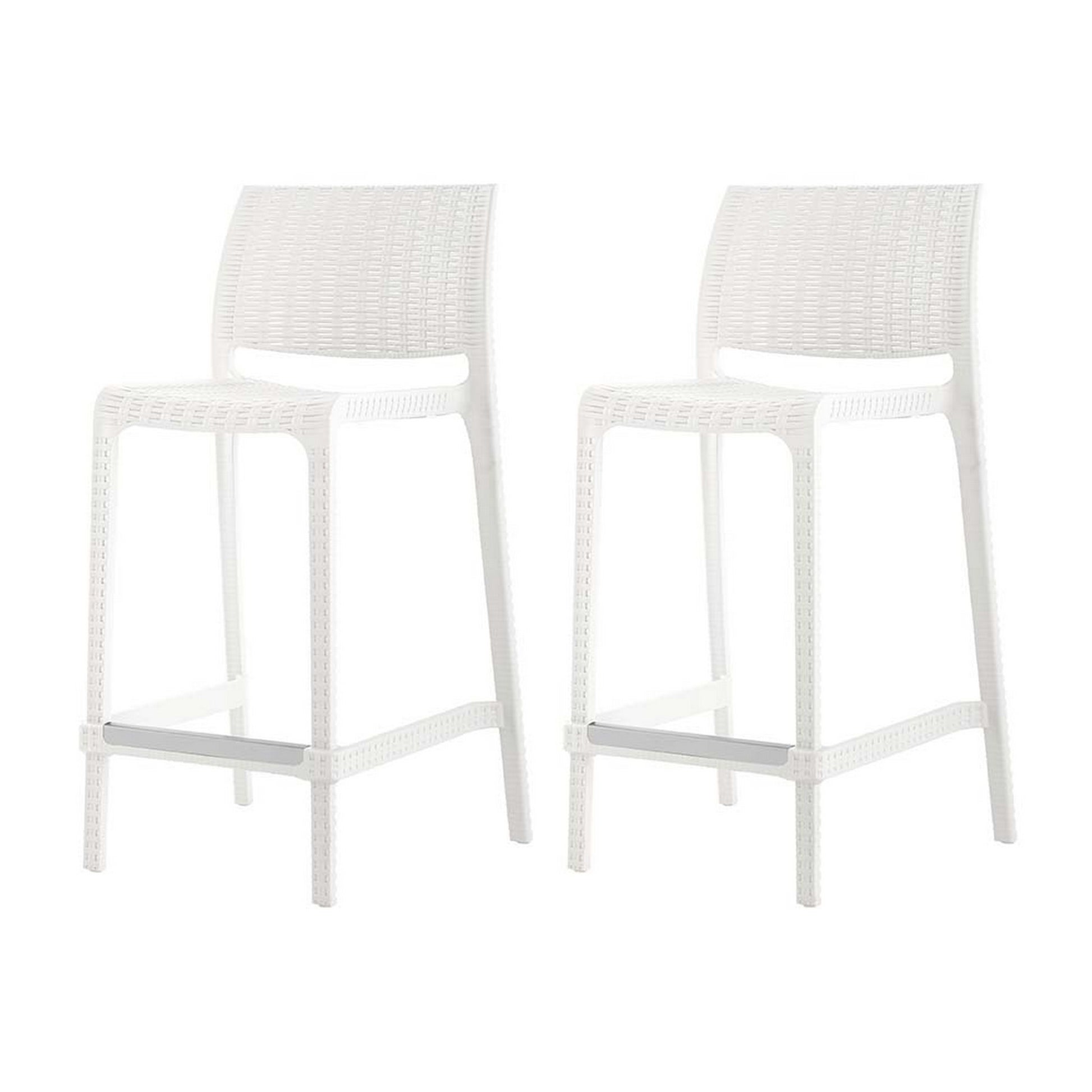Set of Four 26" White Faux Rattan Heavy Duty Plastic Low Back Outdoor Counter Height Bar Chairs-Outdoor Bar Chairs-DECOROLALA