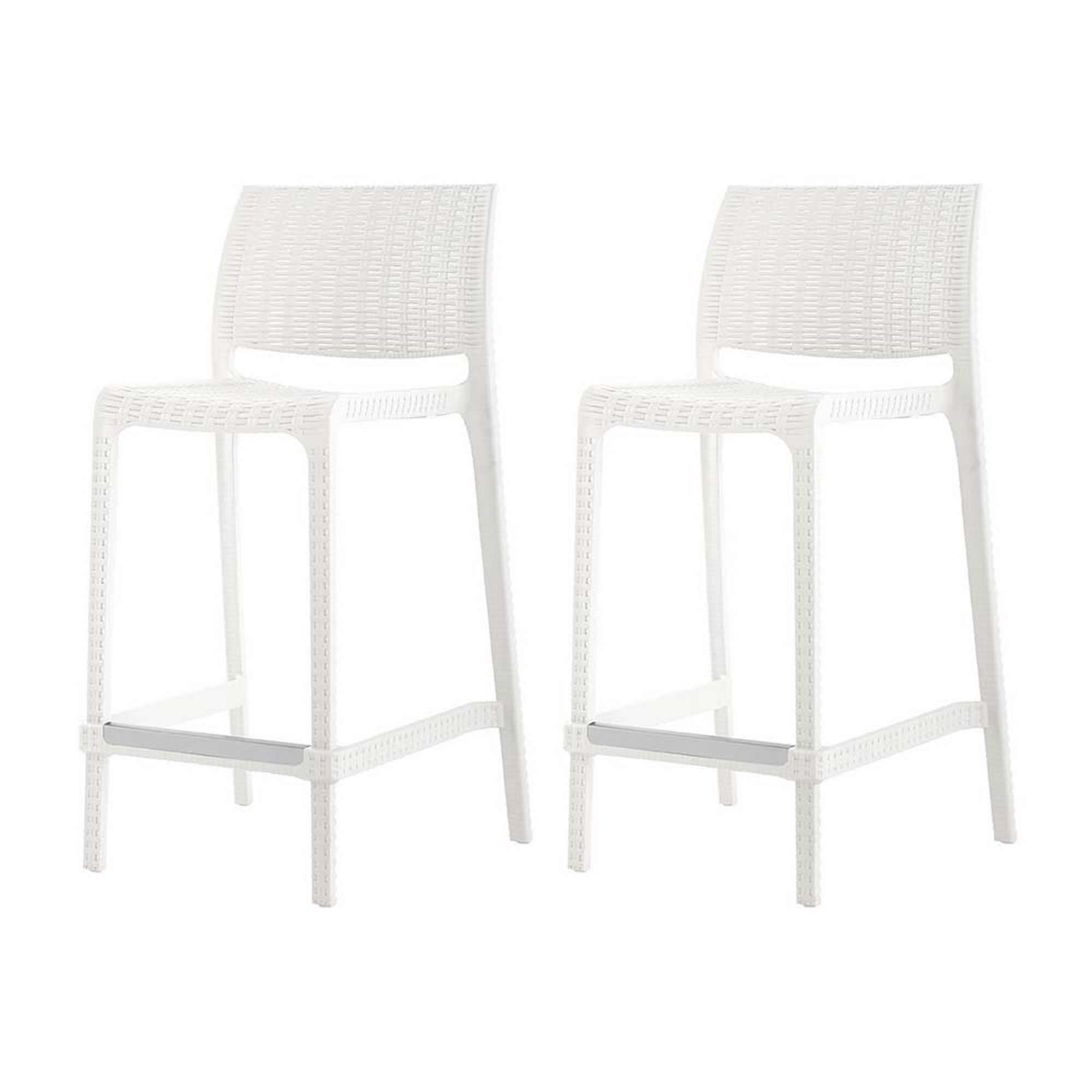 Set of Four 26" White Faux Rattan Heavy Duty Plastic Low Back Outdoor Counter Height Bar Chairs-Outdoor Bar Chairs-DECOROLALA