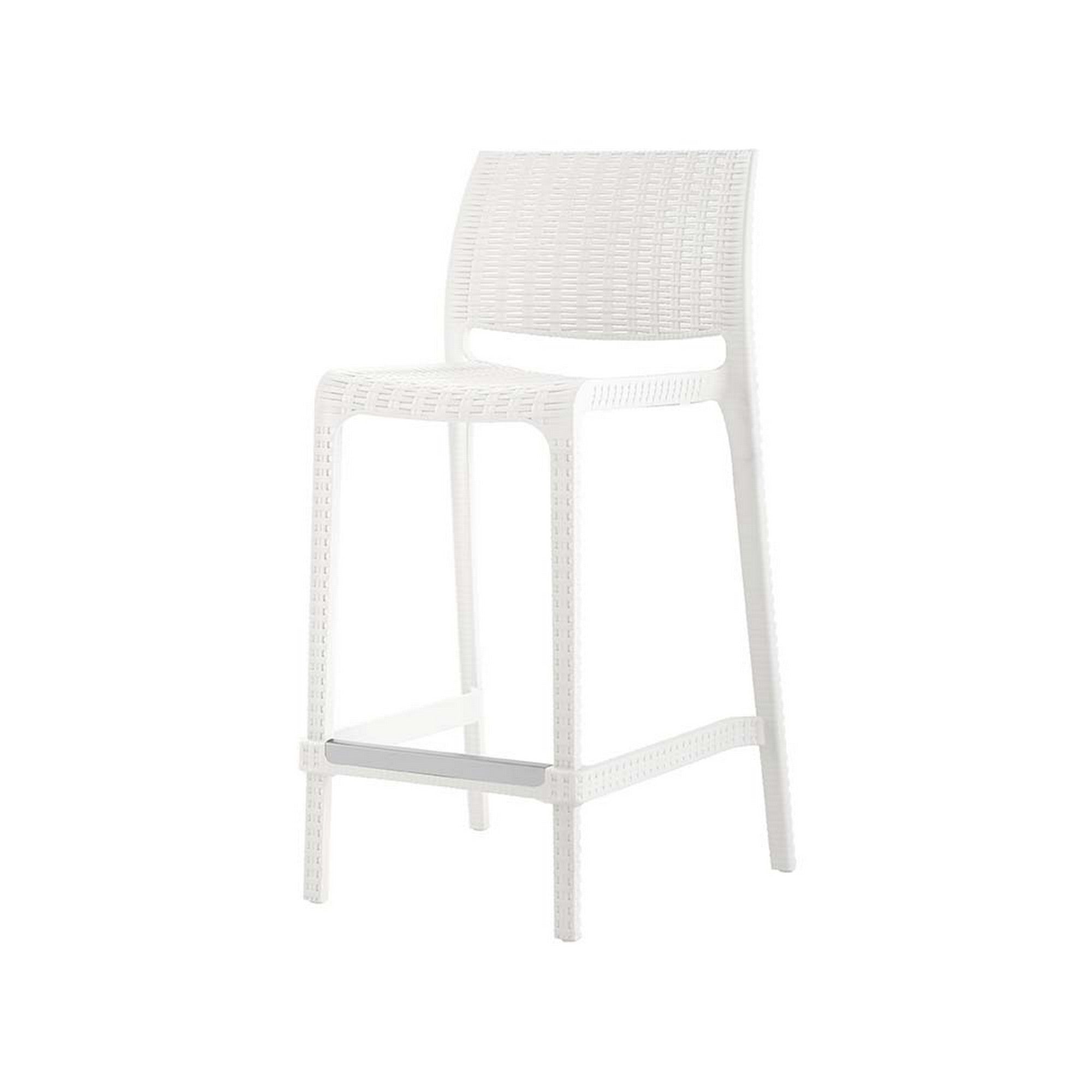 Set of Four 26" White Faux Rattan Heavy Duty Plastic Low Back Outdoor Counter Height Bar Chairs-Outdoor Bar Chairs-DECOROLALA