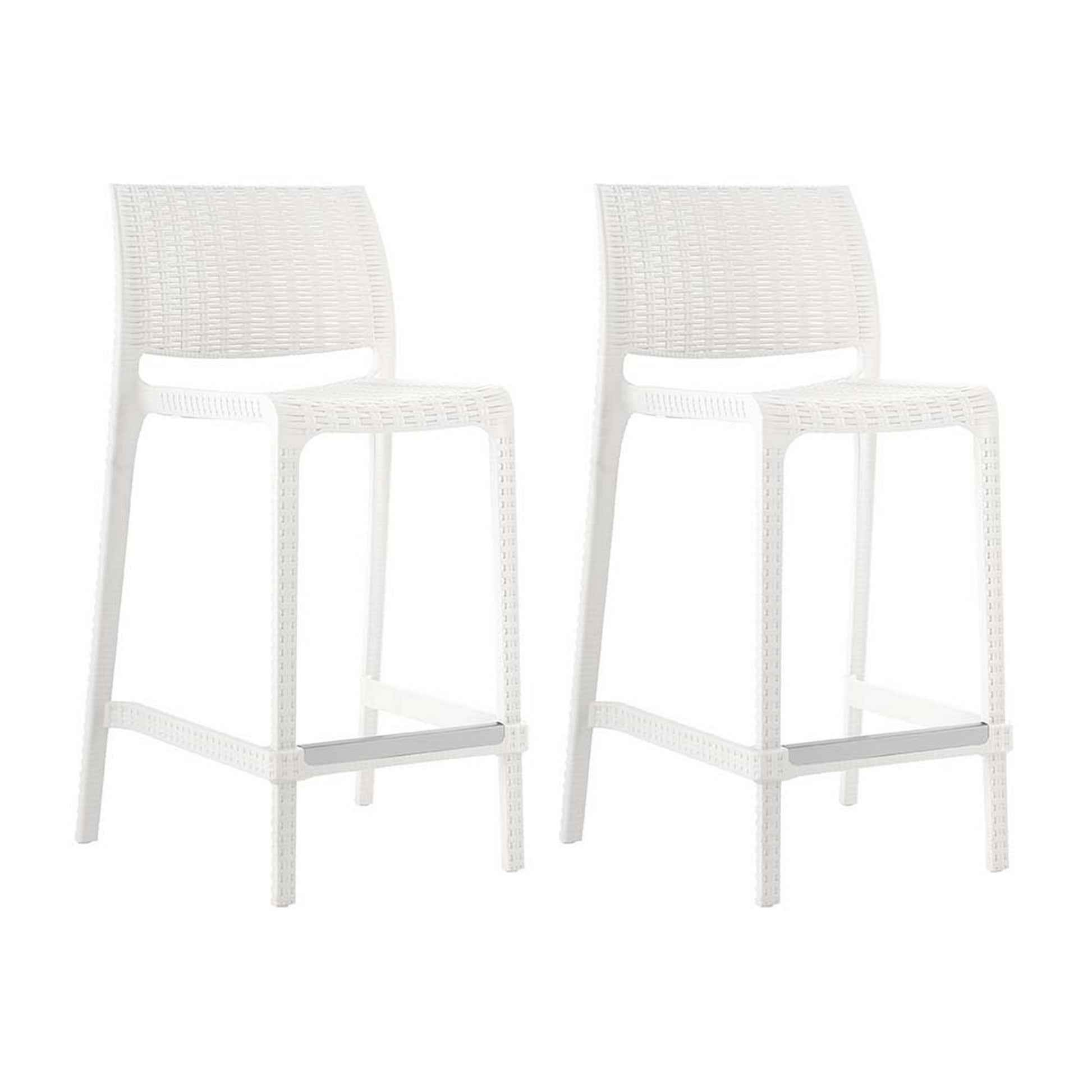 Set of Four 26" White Faux Rattan Heavy Duty Plastic Low Back Outdoor Counter Height Bar Chairs-Outdoor Bar Chairs-DECOROLALA