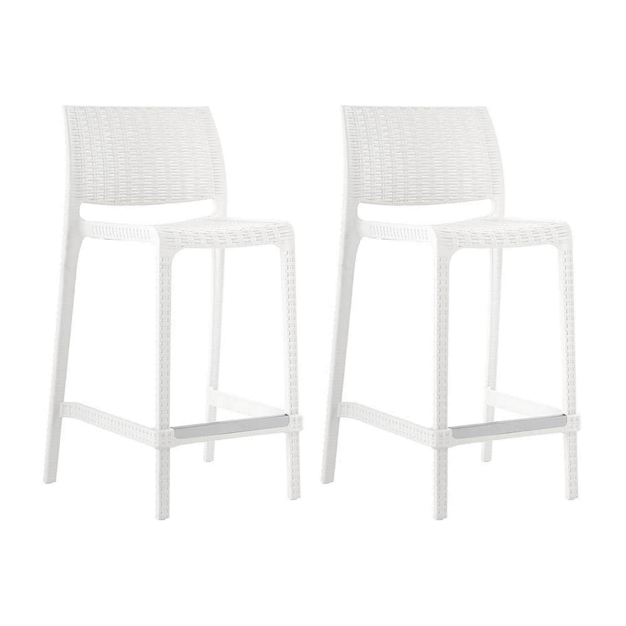 Set of Four 26" White Faux Rattan Heavy Duty Plastic Low Back Outdoor Counter Height Bar Chairs-Outdoor Bar Chairs-DECOROLALA