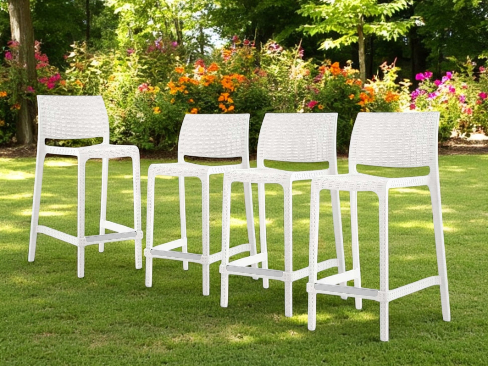 Set of Four 26" White Faux Rattan Heavy Duty Plastic Low Back Outdoor Counter Height Bar Chairs-Outdoor Bar Chairs-DECOROLALA