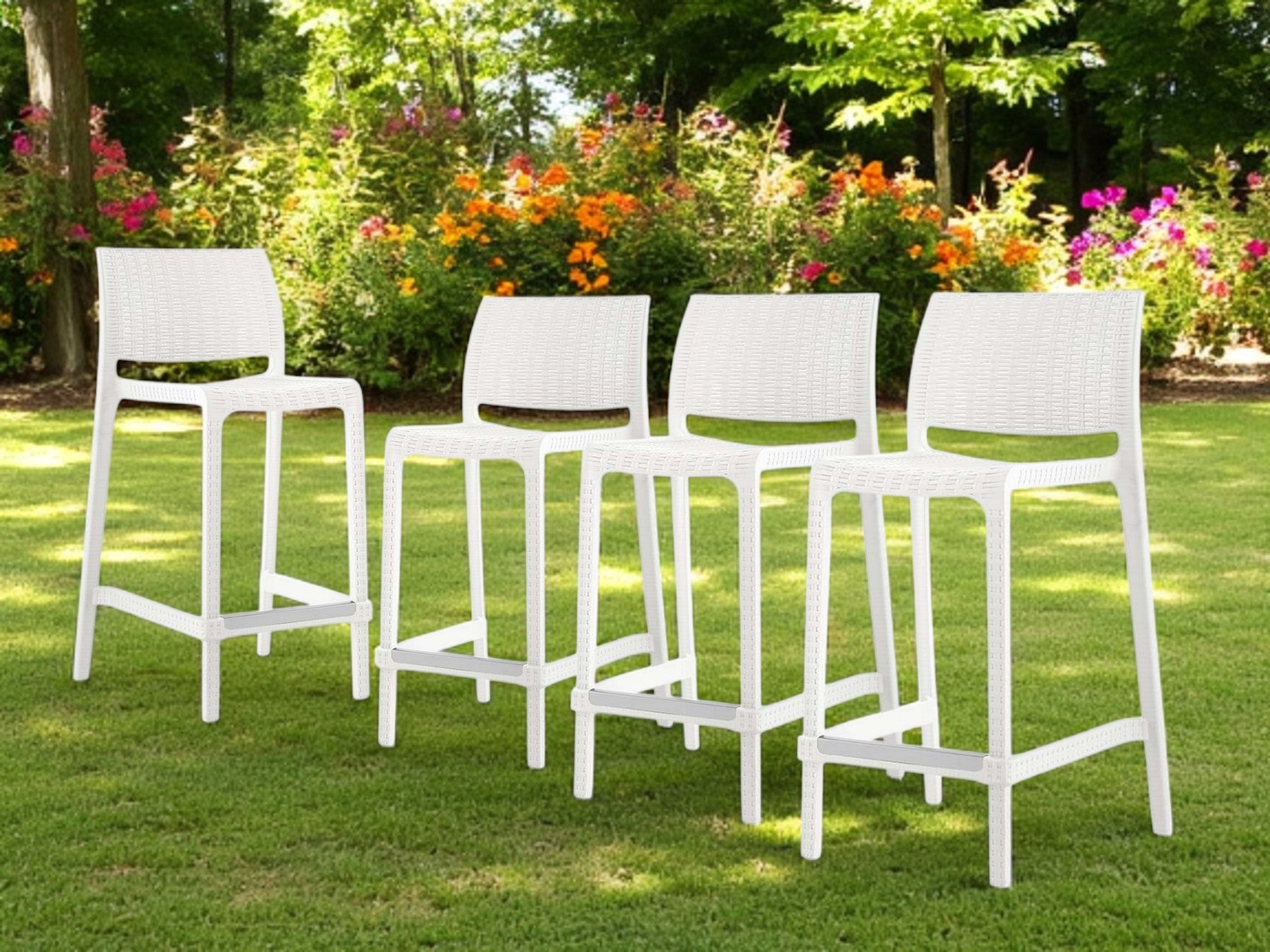 Set of Four 26" White Faux Rattan Heavy Duty Plastic Low Back Outdoor Counter Height Bar Chairs-Outdoor Bar Chairs-DECOROLALA