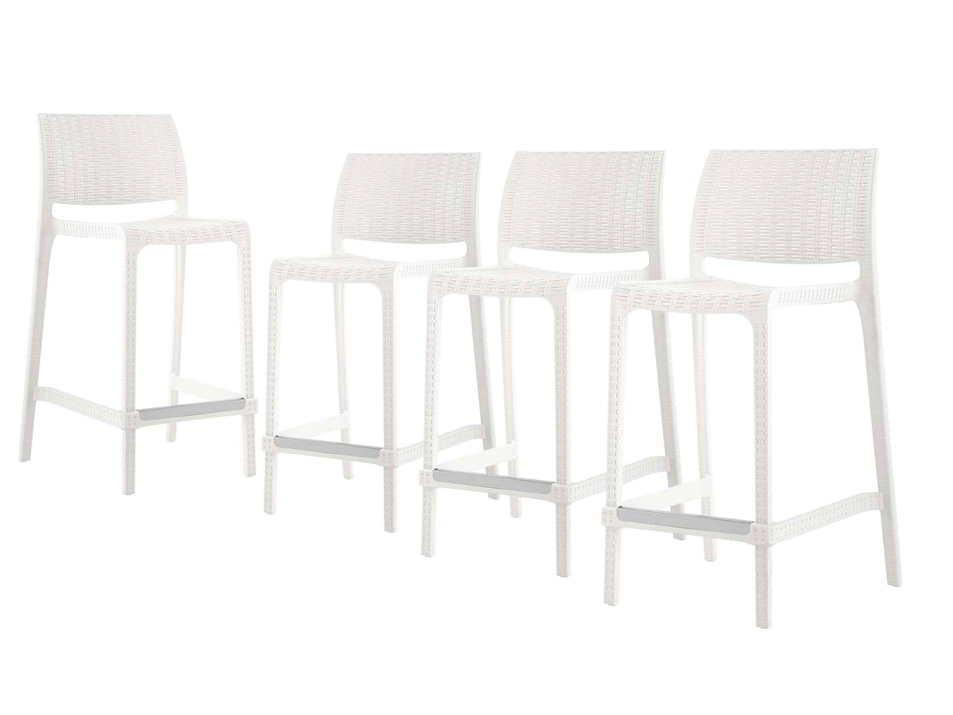 Set of Four 26" White Faux Rattan Heavy Duty Plastic Low Back Outdoor Counter Height Bar Chairs-Outdoor Bar Chairs-DECOROLALA