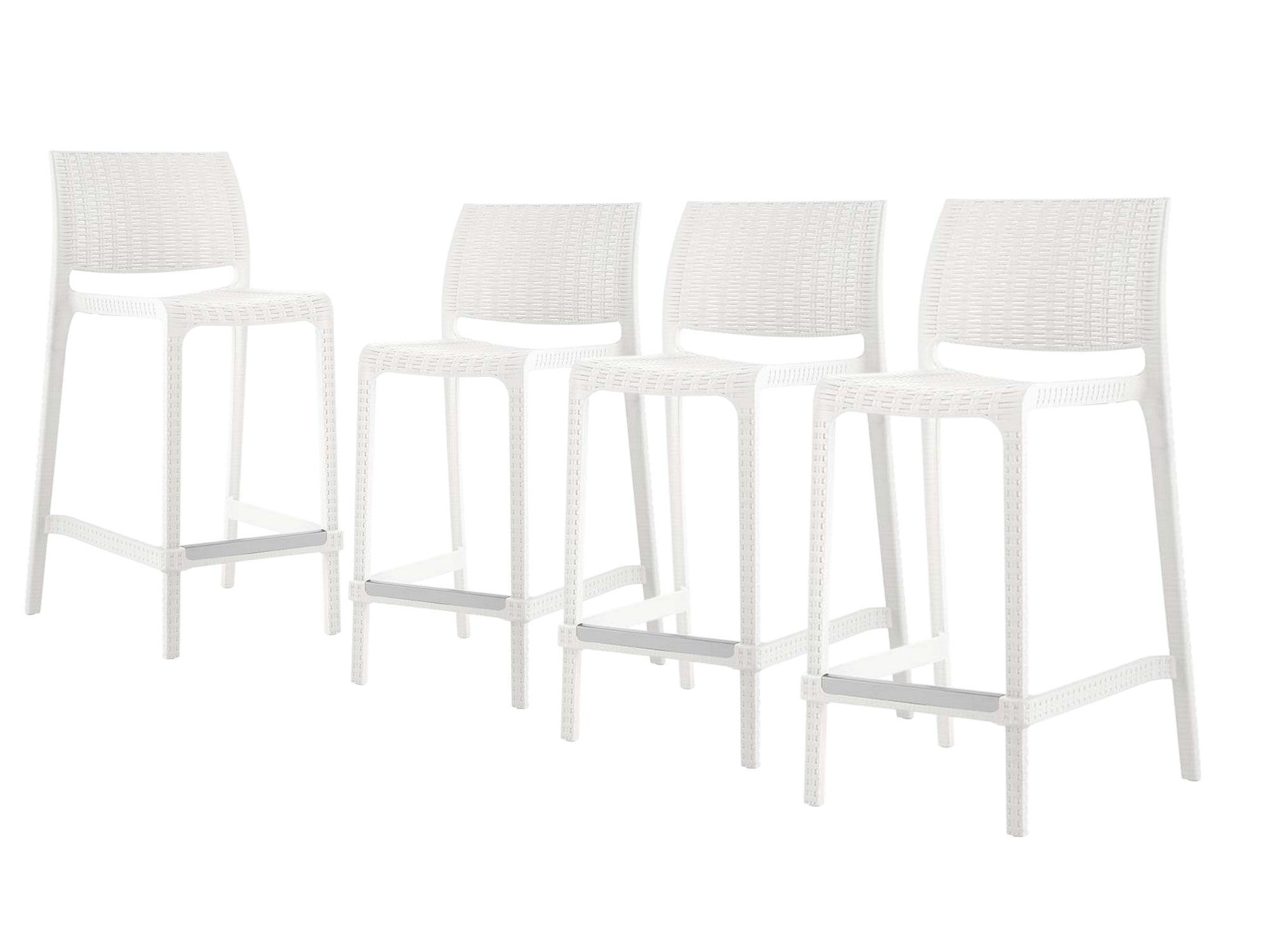 Set of Four 26" White Faux Rattan Heavy Duty Plastic Low Back Outdoor Counter Height Bar Chairs-Outdoor Bar Chairs-DECOROLALA
