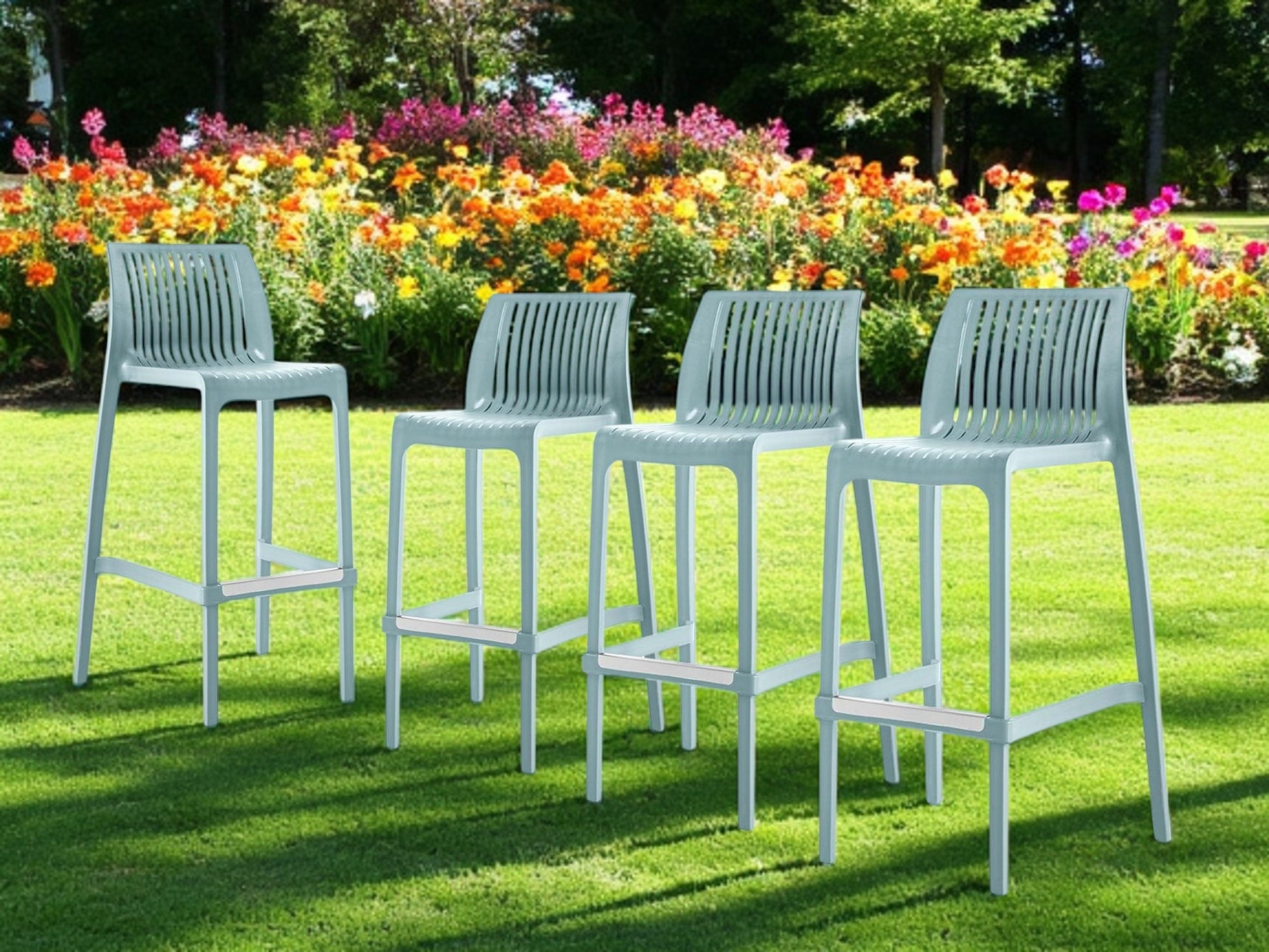 Set of Four 30" Baby Blue Heavy Duty Plastic Low Back Outdoor Bar Height Chairs-Outdoor Bar Chairs-DECOROLALA