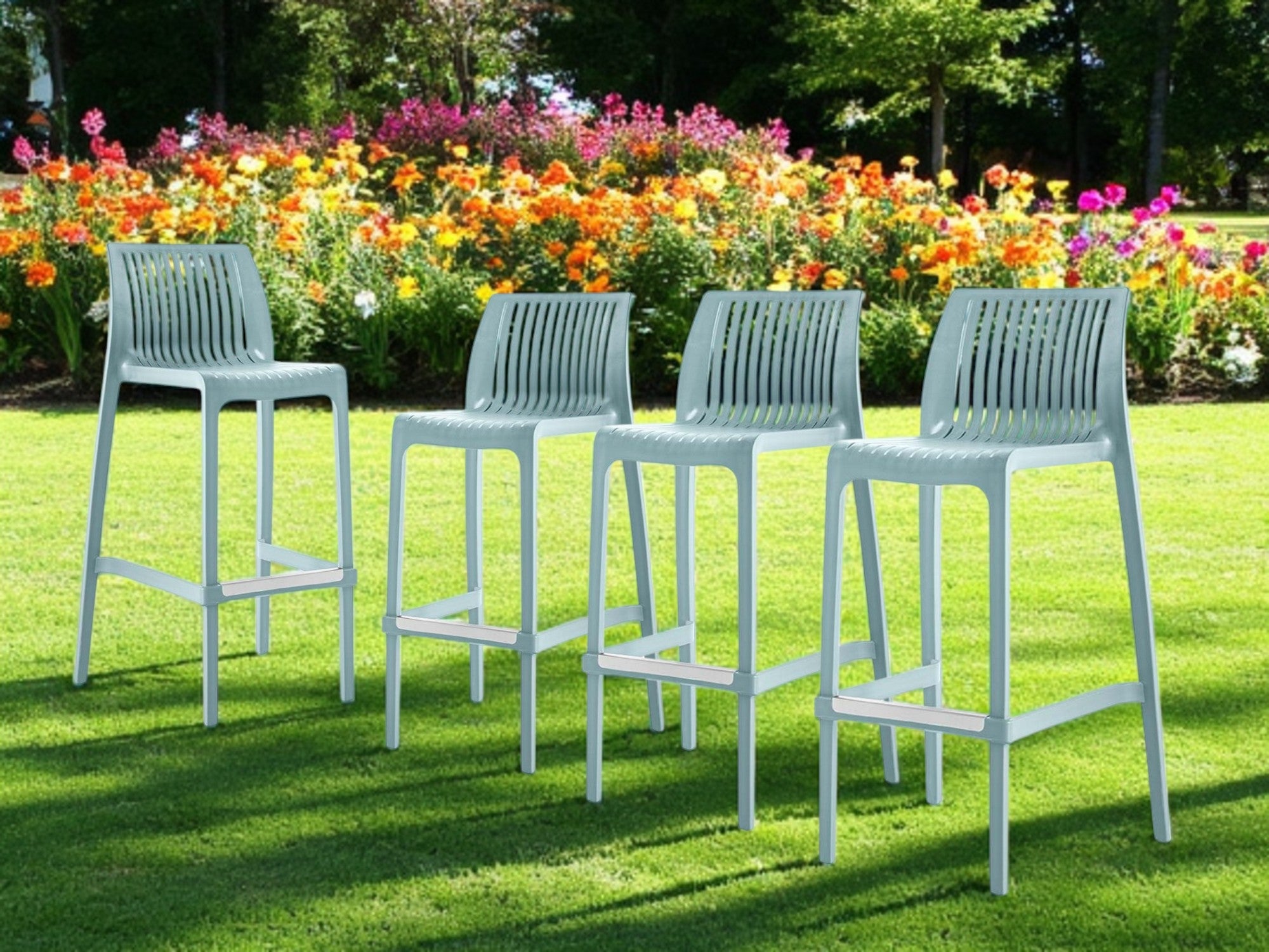 Set of Four 30" Baby Blue Heavy Duty Plastic Low Back Outdoor Bar Height Chairs-Outdoor Bar Chairs-DECOROLALA
