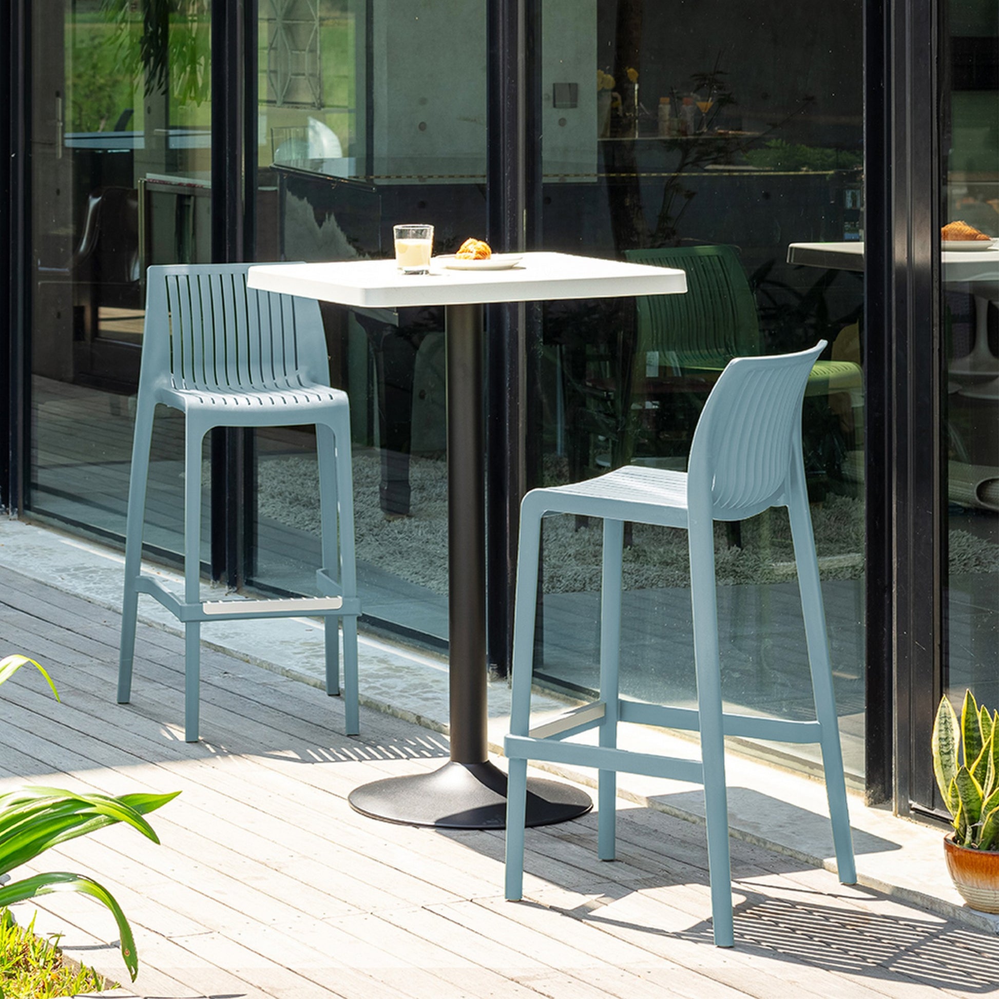 Set of Four 30" Baby Blue Heavy Duty Plastic Low Back Outdoor Bar Height Chairs-Outdoor Bar Chairs-DECOROLALA