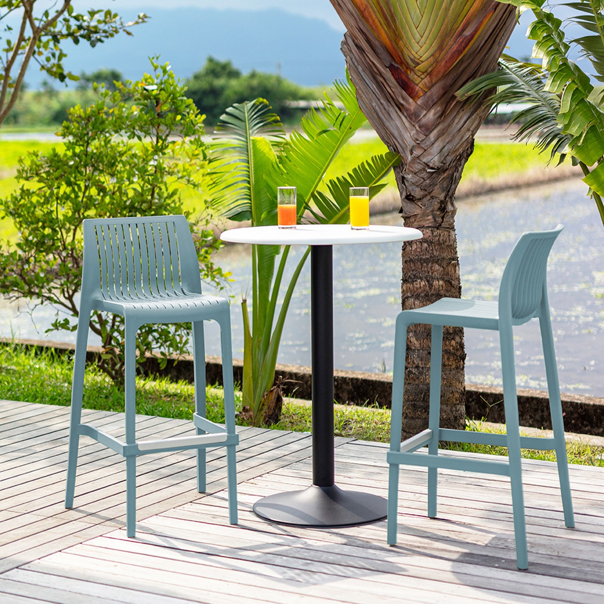 Set of Four 30" Baby Blue Heavy Duty Plastic Low Back Outdoor Bar Height Chairs-Outdoor Bar Chairs-DECOROLALA