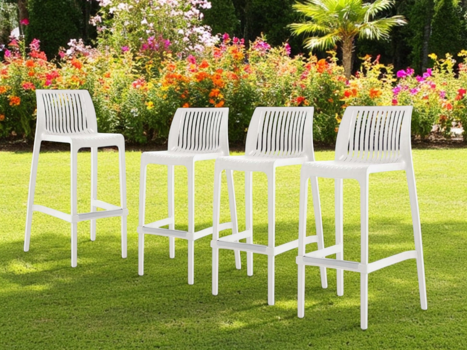 Set of Four 30" White Heavy Duty Plastic Low Back Outdoor Bar Height Chairs-Outdoor Bar Chairs-DECOROLALA