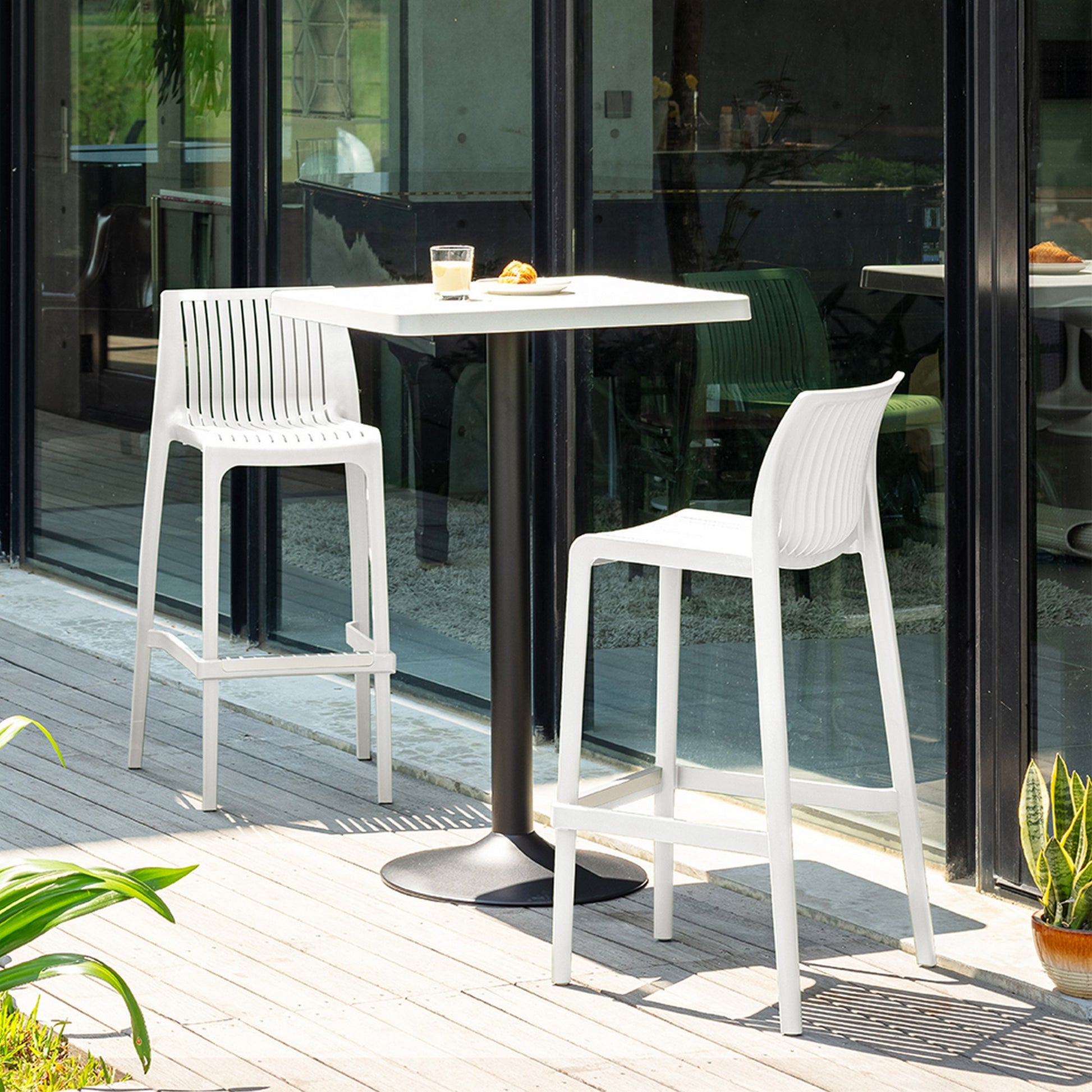 Set of Four 30" White Heavy Duty Plastic Low Back Outdoor Bar Height Chairs-Outdoor Bar Chairs-DECOROLALA
