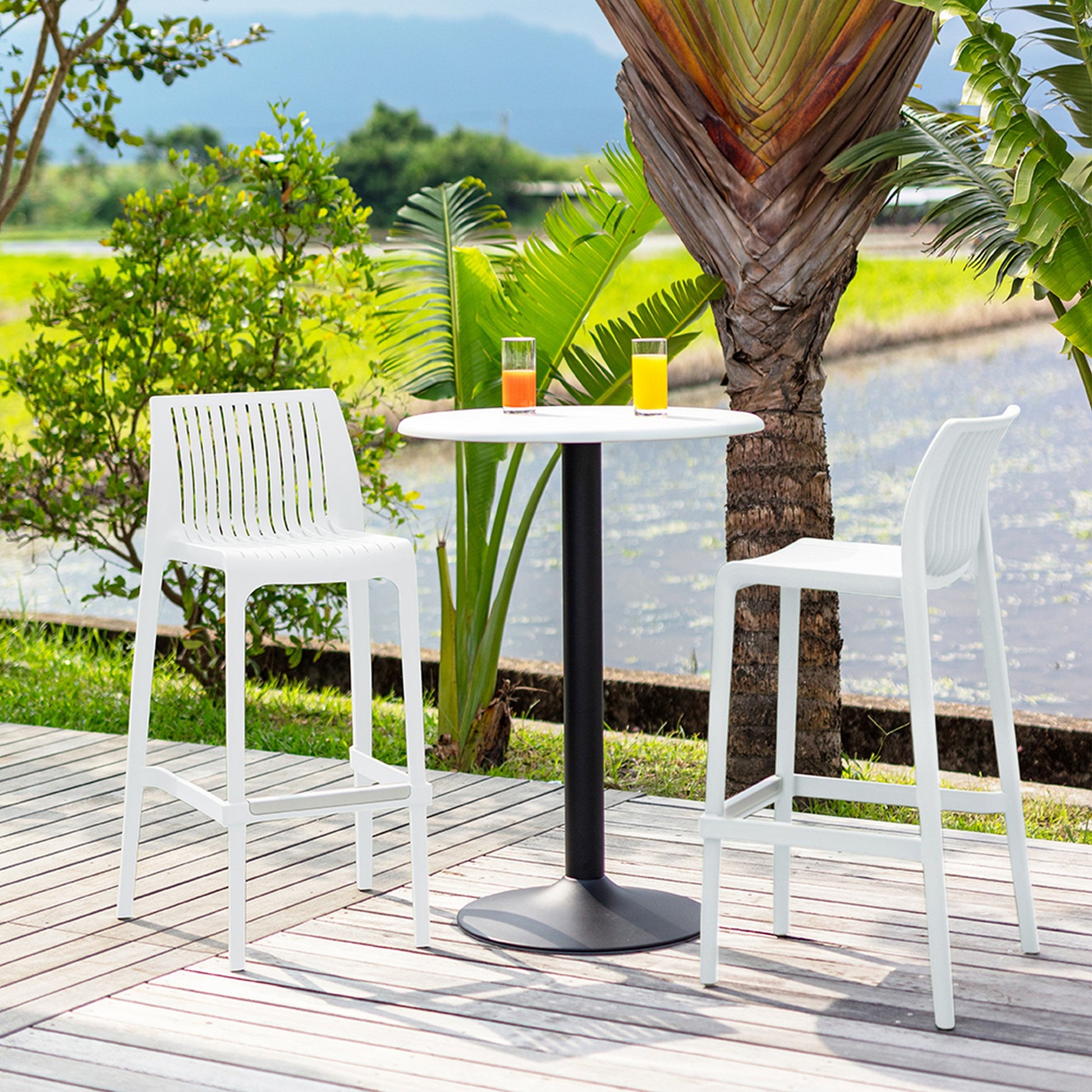 Set of Four 30" White Heavy Duty Plastic Low Back Outdoor Bar Height Chairs-Outdoor Bar Chairs-DECOROLALA