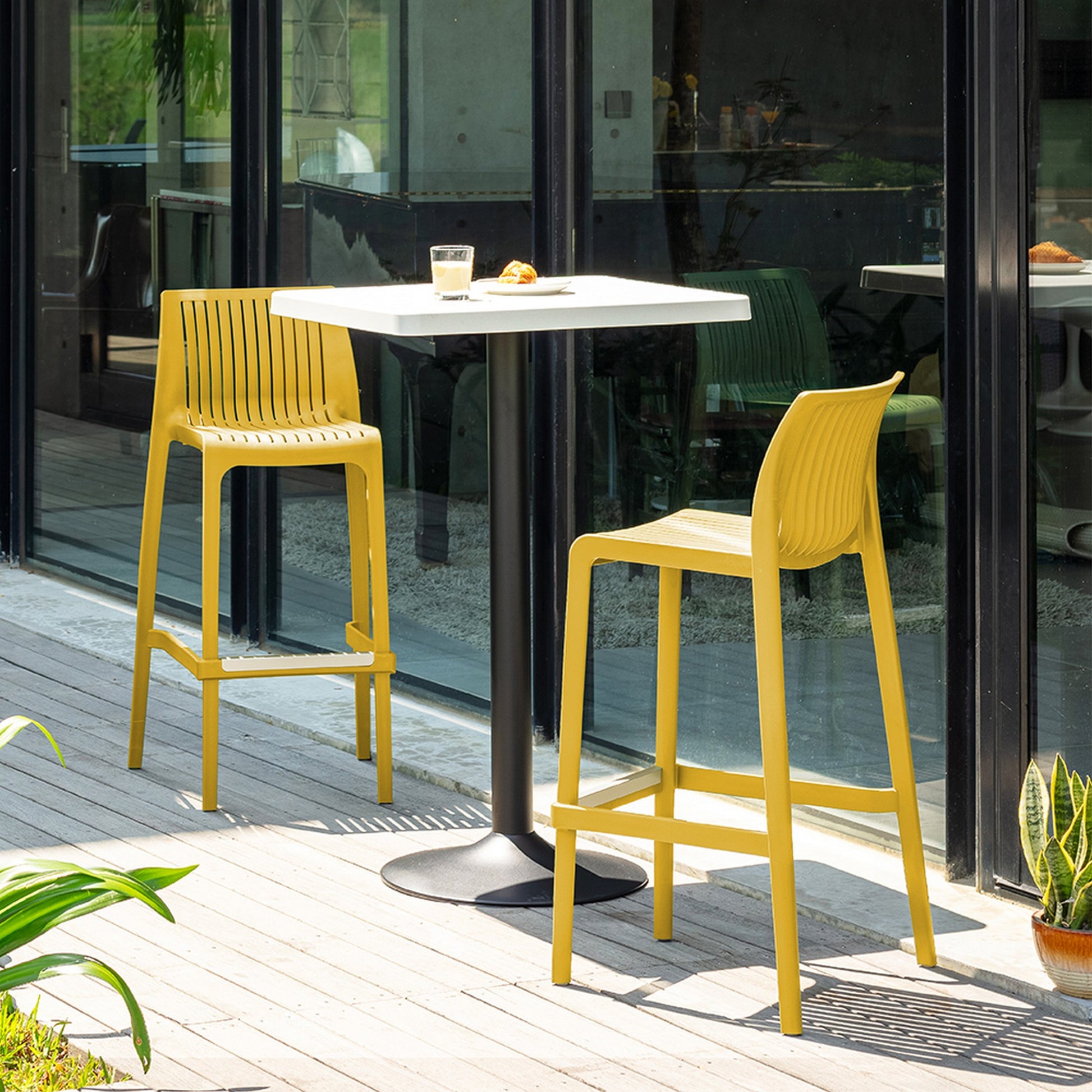 Set of Four 30" Yellow Heavy Duty Plastic Outdoor Bar Height Chairs-Outdoor Bar Chairs-DECOROLALA