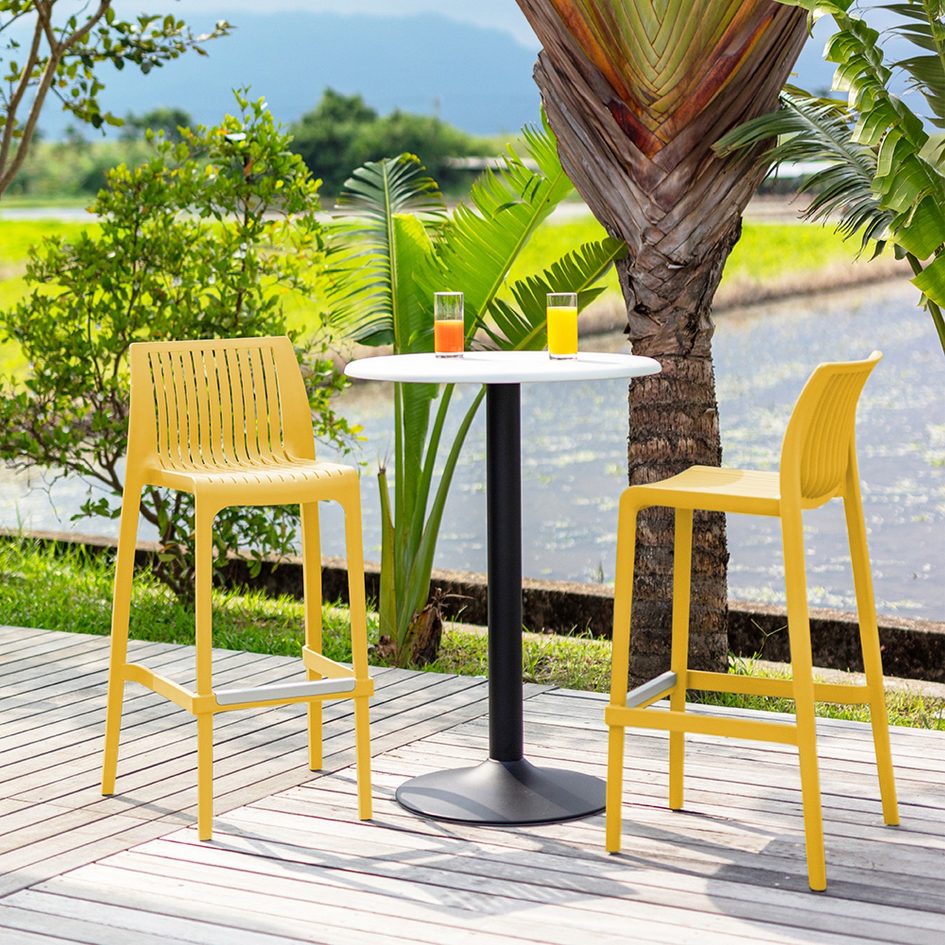 Set of Four 30" Yellow Heavy Duty Plastic Outdoor Bar Height Chairs-Outdoor Bar Chairs-DECOROLALA