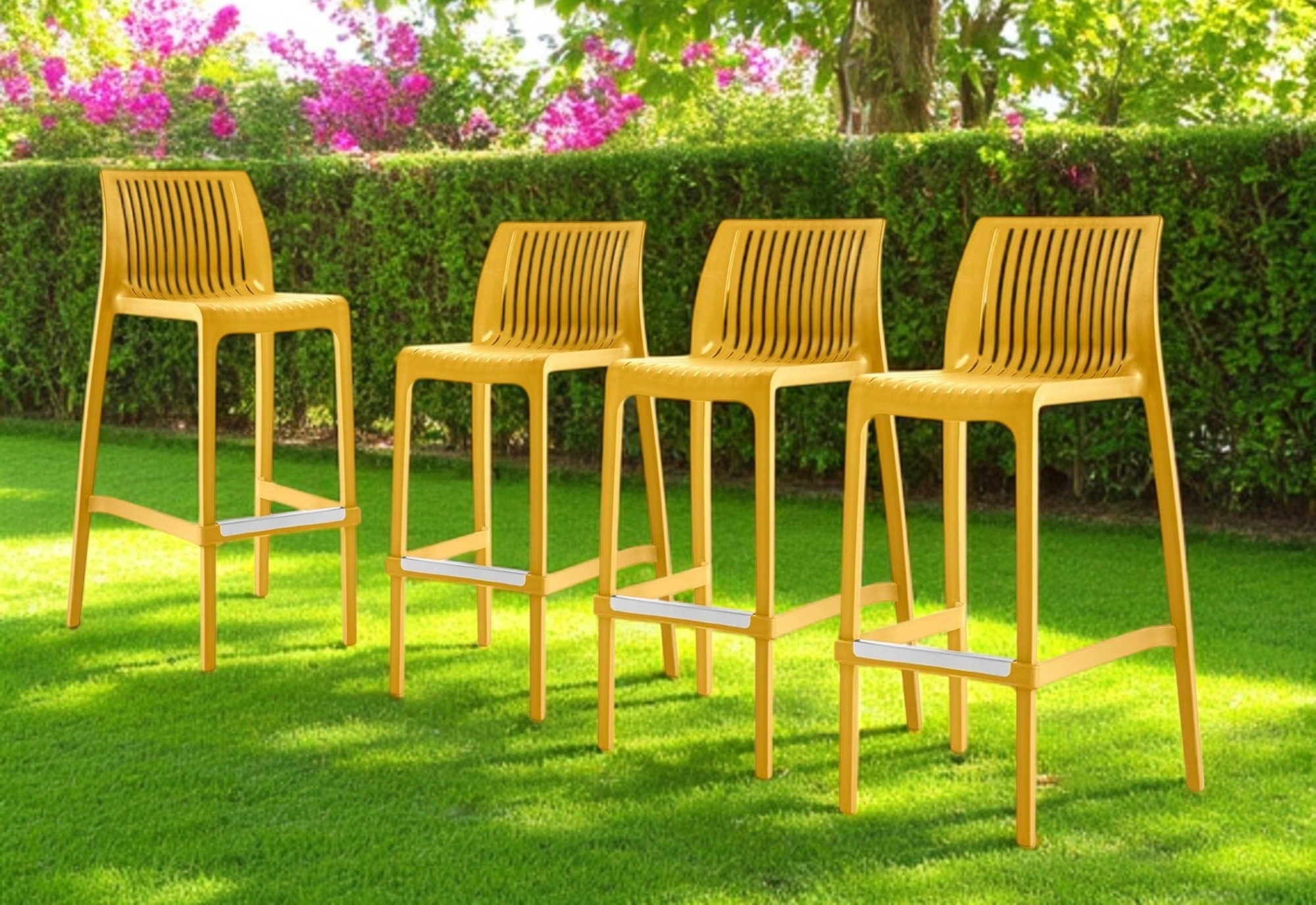 Set of Four 30" Yellow Heavy Duty Plastic Outdoor Bar Height Chairs-Outdoor Bar Chairs-DECOROLALA