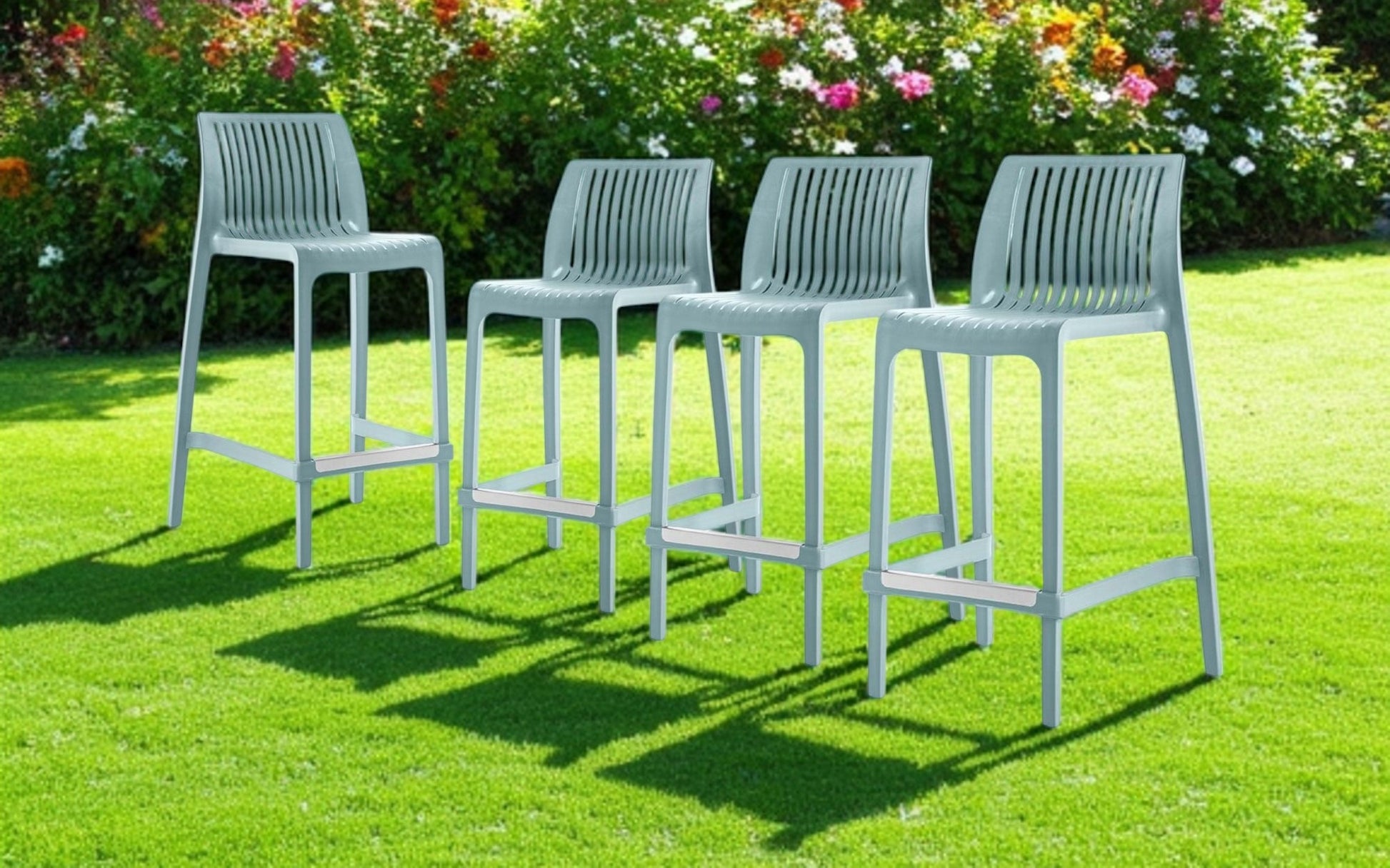 Set of Four 26" Baby Blue Heavy Duty Plastic Low Back Outdoor Counter Height Bar Chairs-Outdoor Bar Chairs-DECOROLALA