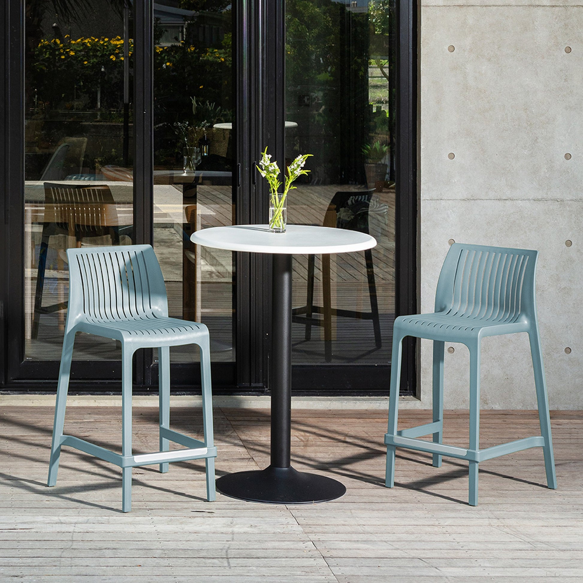 Set of Four 26" Baby Blue Heavy Duty Plastic Low Back Outdoor Counter Height Bar Chairs-Outdoor Bar Chairs-DECOROLALA