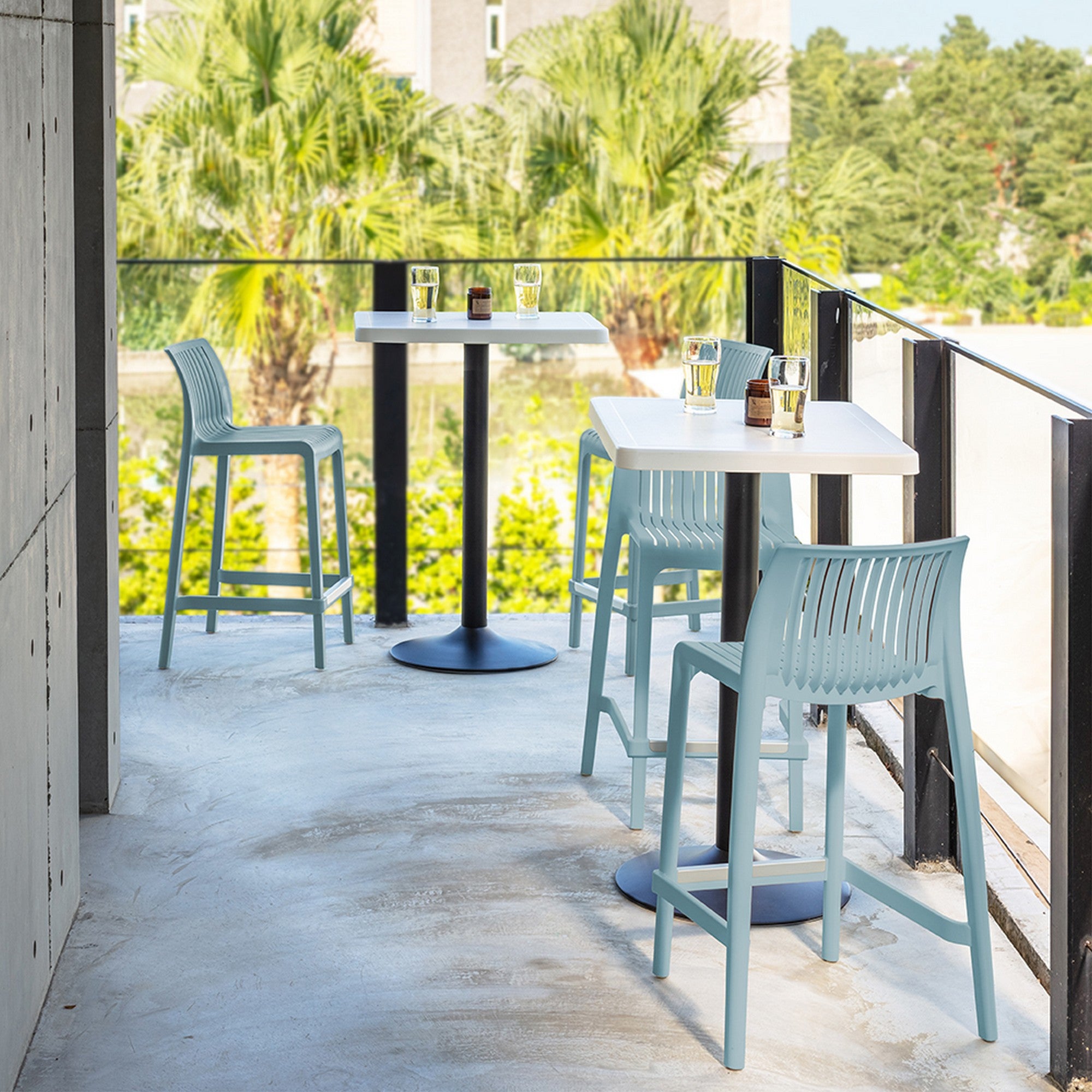 Set of Four 26" Baby Blue Heavy Duty Plastic Low Back Outdoor Counter Height Bar Chairs-Outdoor Bar Chairs-DECOROLALA