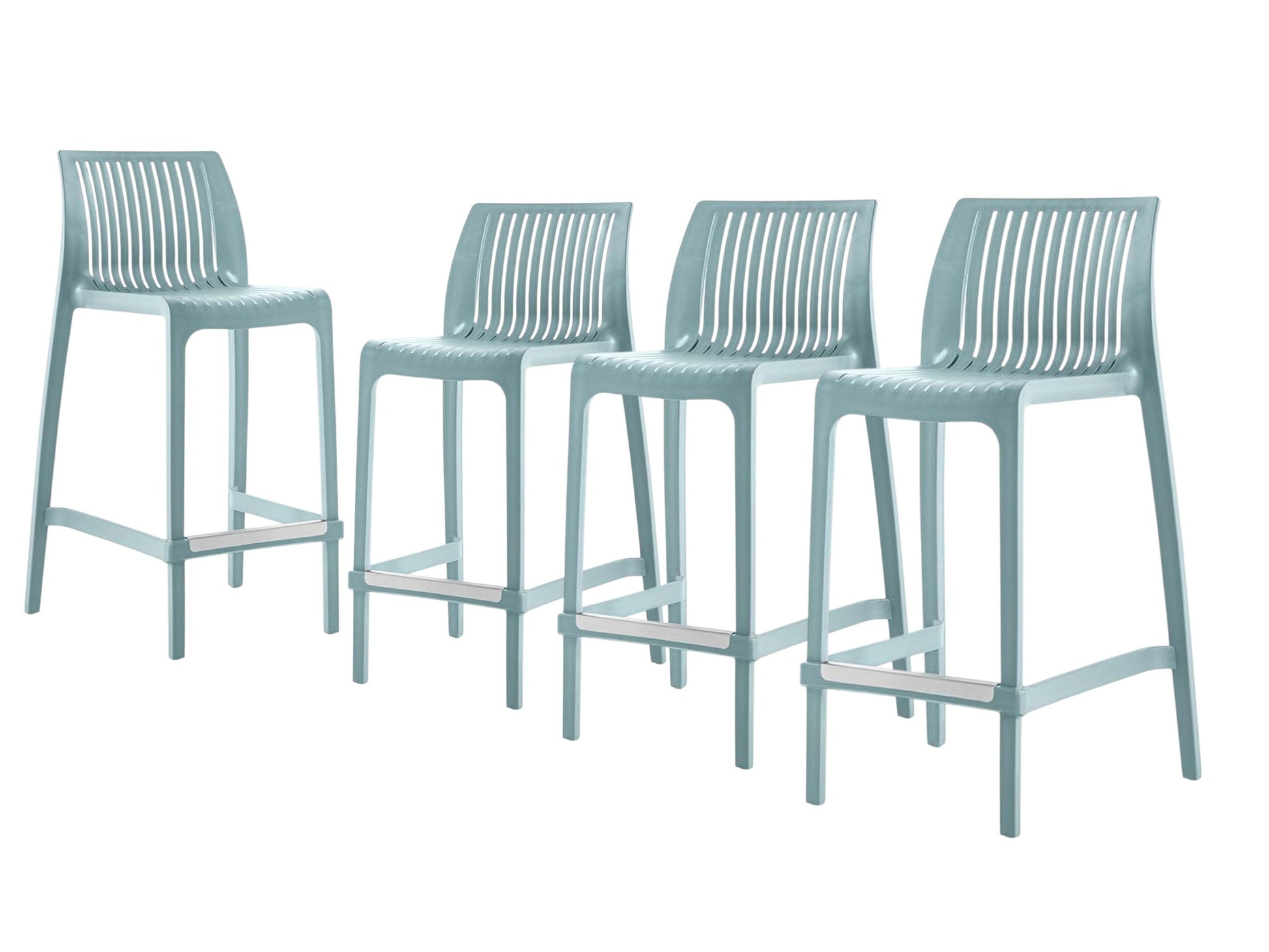 Set of Four 26" Baby Blue Heavy Duty Plastic Low Back Outdoor Counter Height Bar Chairs-Outdoor Bar Chairs-DECOROLALA