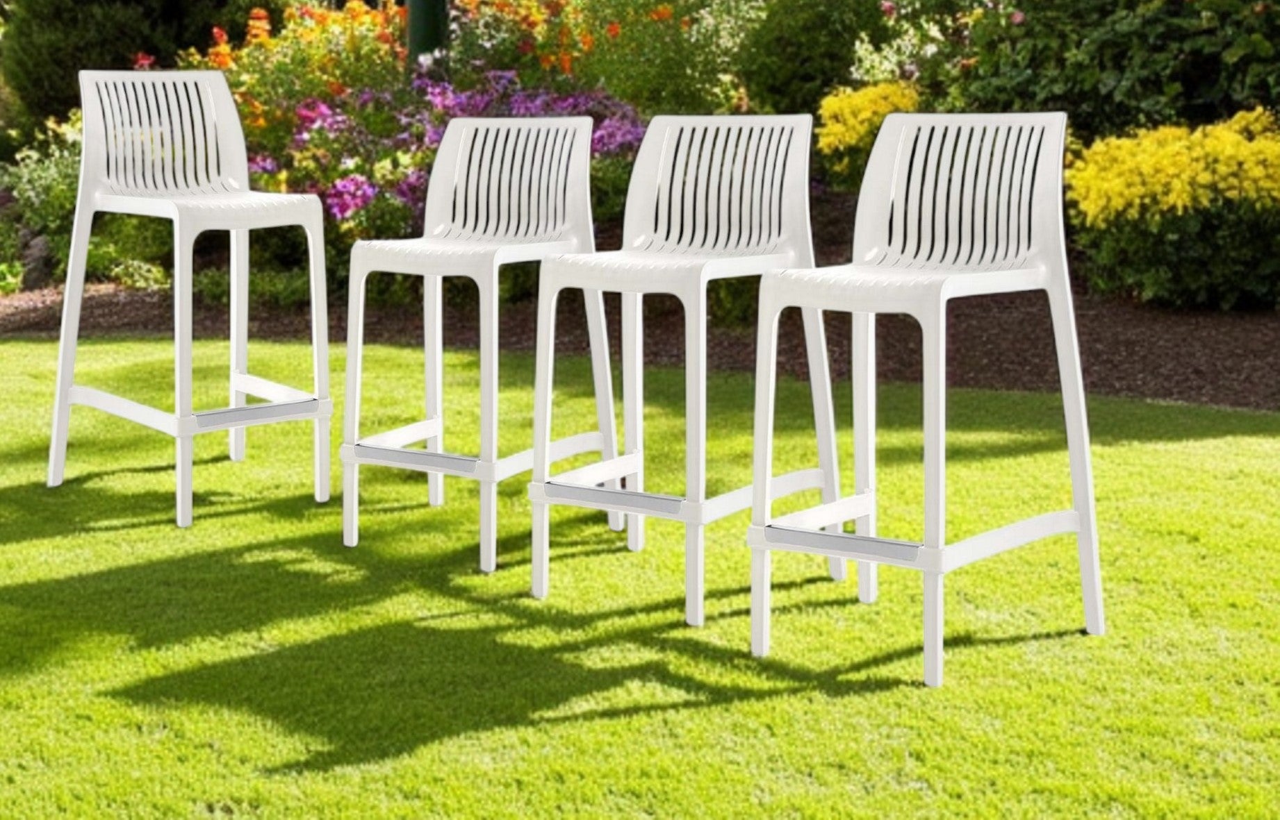 Set of Four 26" White Heavy Duty Plastic Low Back Outdoor Counter Height Bar Chairs-Outdoor Bar Chairs-DECOROLALA