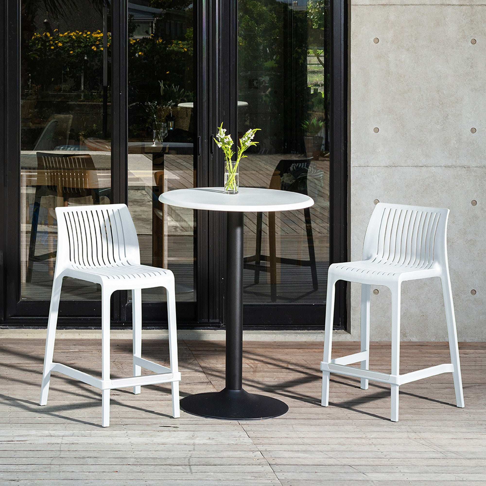 Set of Four 26" White Heavy Duty Plastic Low Back Outdoor Counter Height Bar Chairs-Outdoor Bar Chairs-DECOROLALA