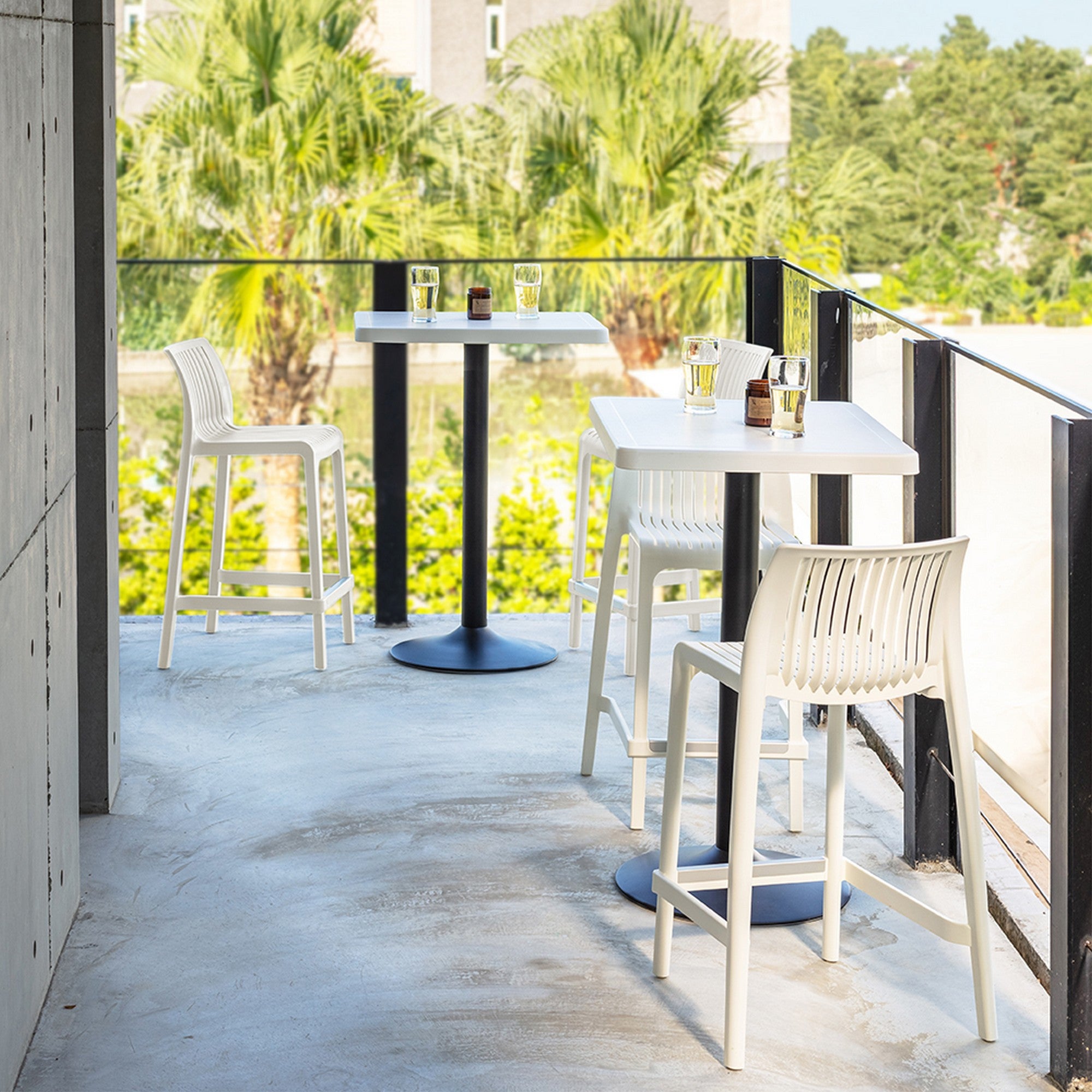 Set of Four 26" White Heavy Duty Plastic Low Back Outdoor Counter Height Bar Chairs-Outdoor Bar Chairs-DECOROLALA