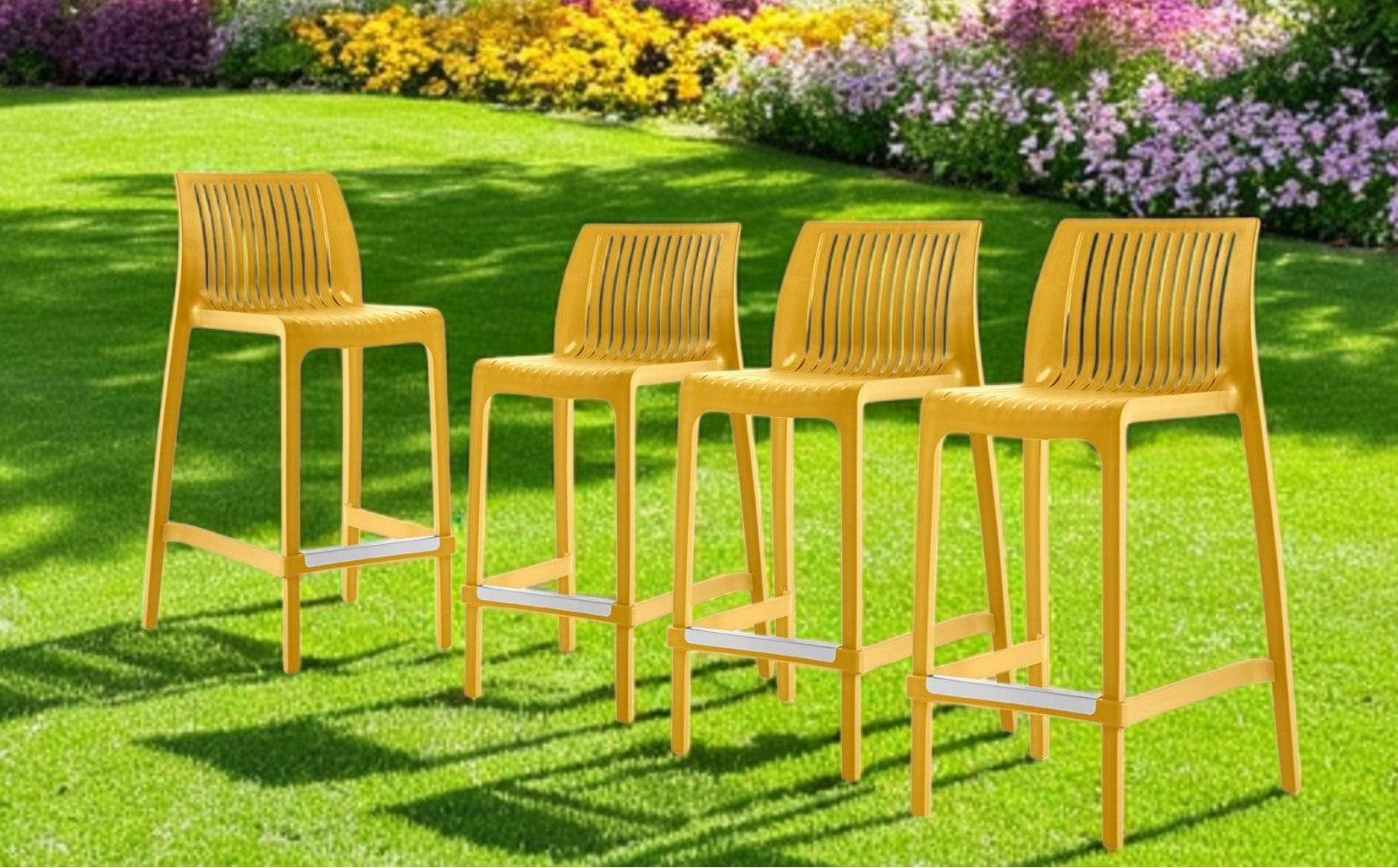Set of Four 26" Yellow Heavy Duty Plastic Low Back Outdoor Counter Height Bar Chairs-Outdoor Bar Chairs-DECOROLALA
