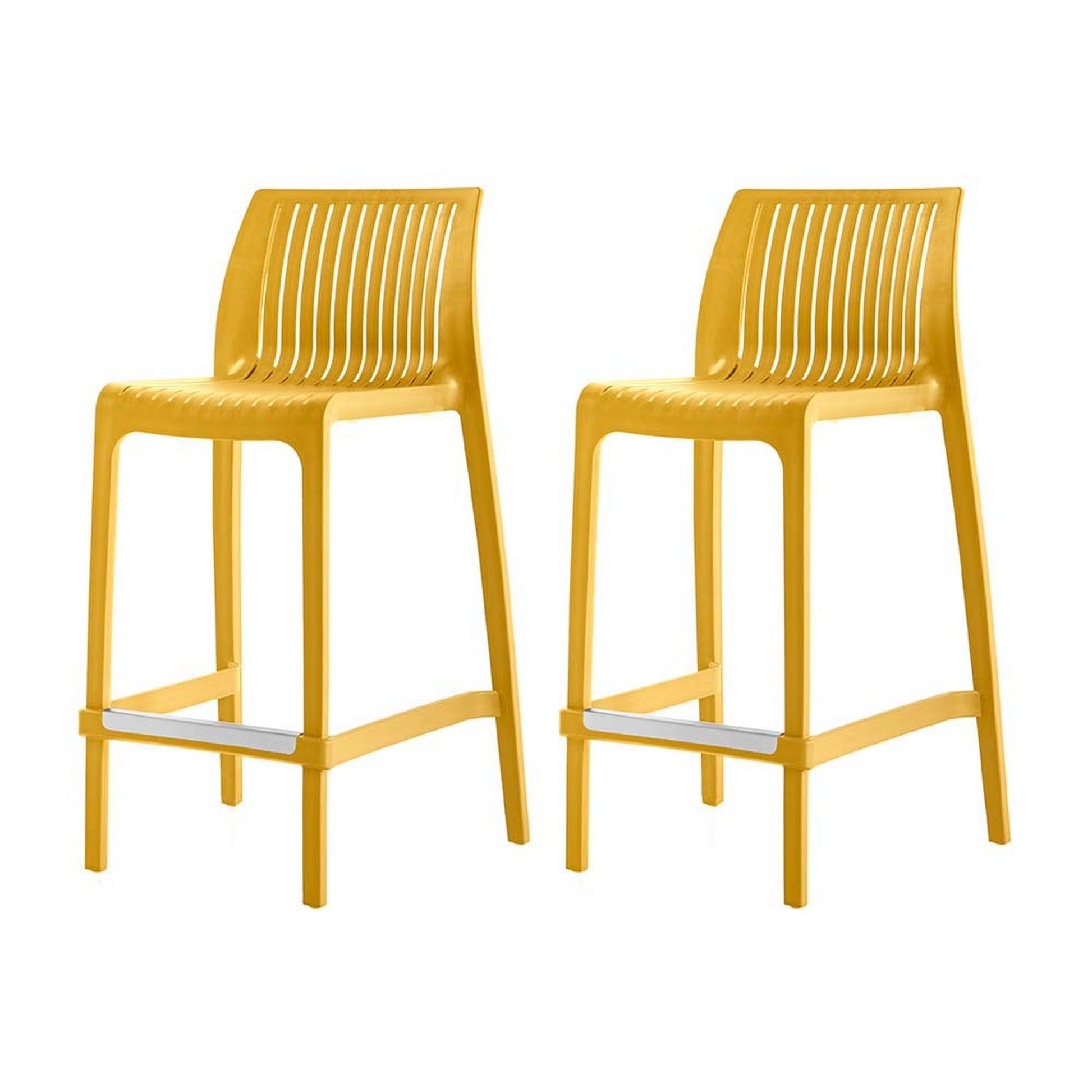 Set of Four 26" Yellow Heavy Duty Plastic Low Back Outdoor Counter Height Bar Chairs-Outdoor Bar Chairs-DECOROLALA