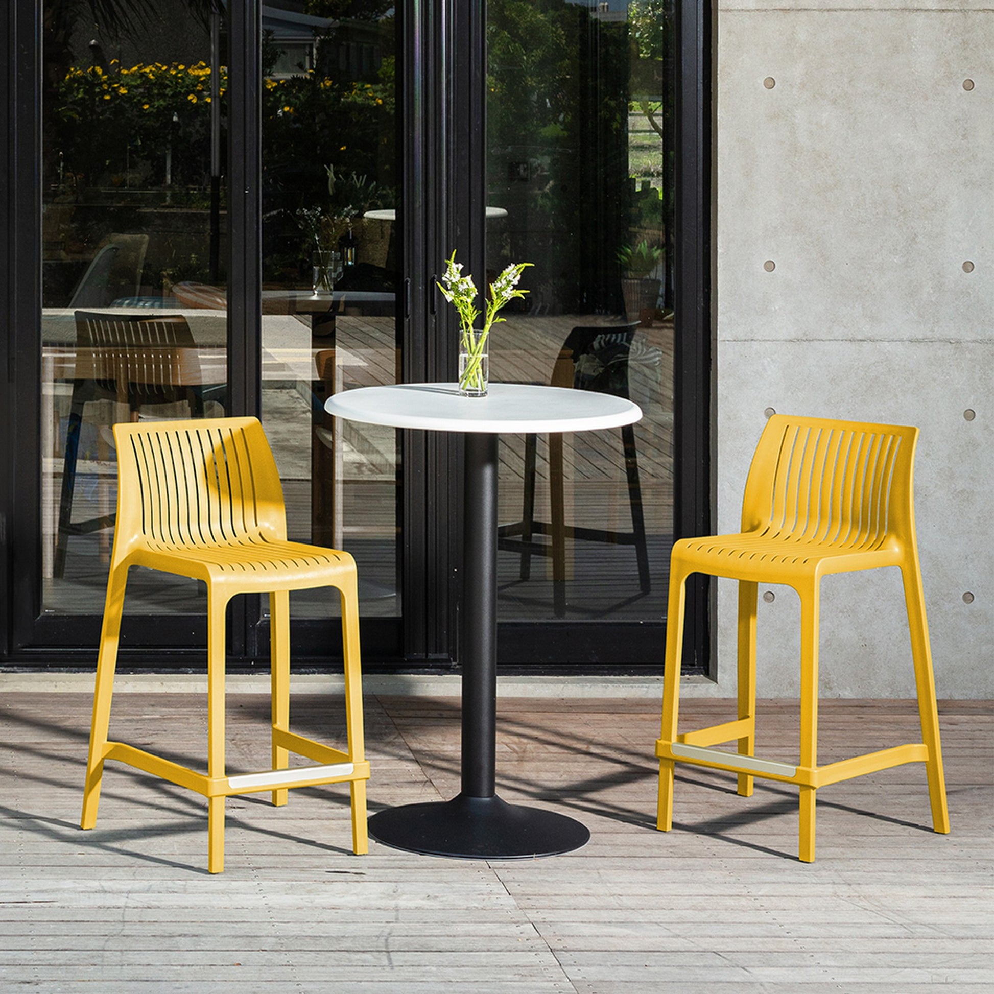 Set of Four 26" Yellow Heavy Duty Plastic Low Back Outdoor Counter Height Bar Chairs-Outdoor Bar Chairs-DECOROLALA