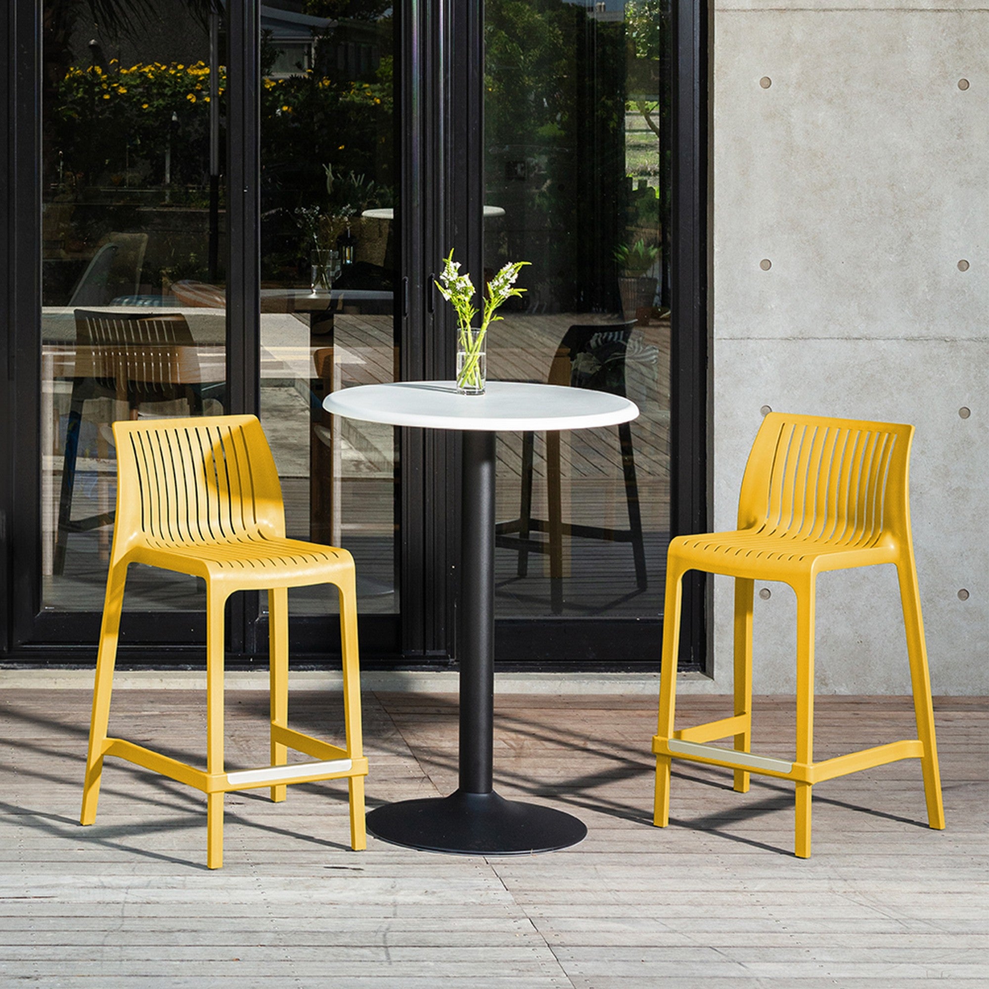 Set of Four 26" Yellow Heavy Duty Plastic Low Back Outdoor Counter Height Bar Chairs-Outdoor Bar Chairs-DECOROLALA