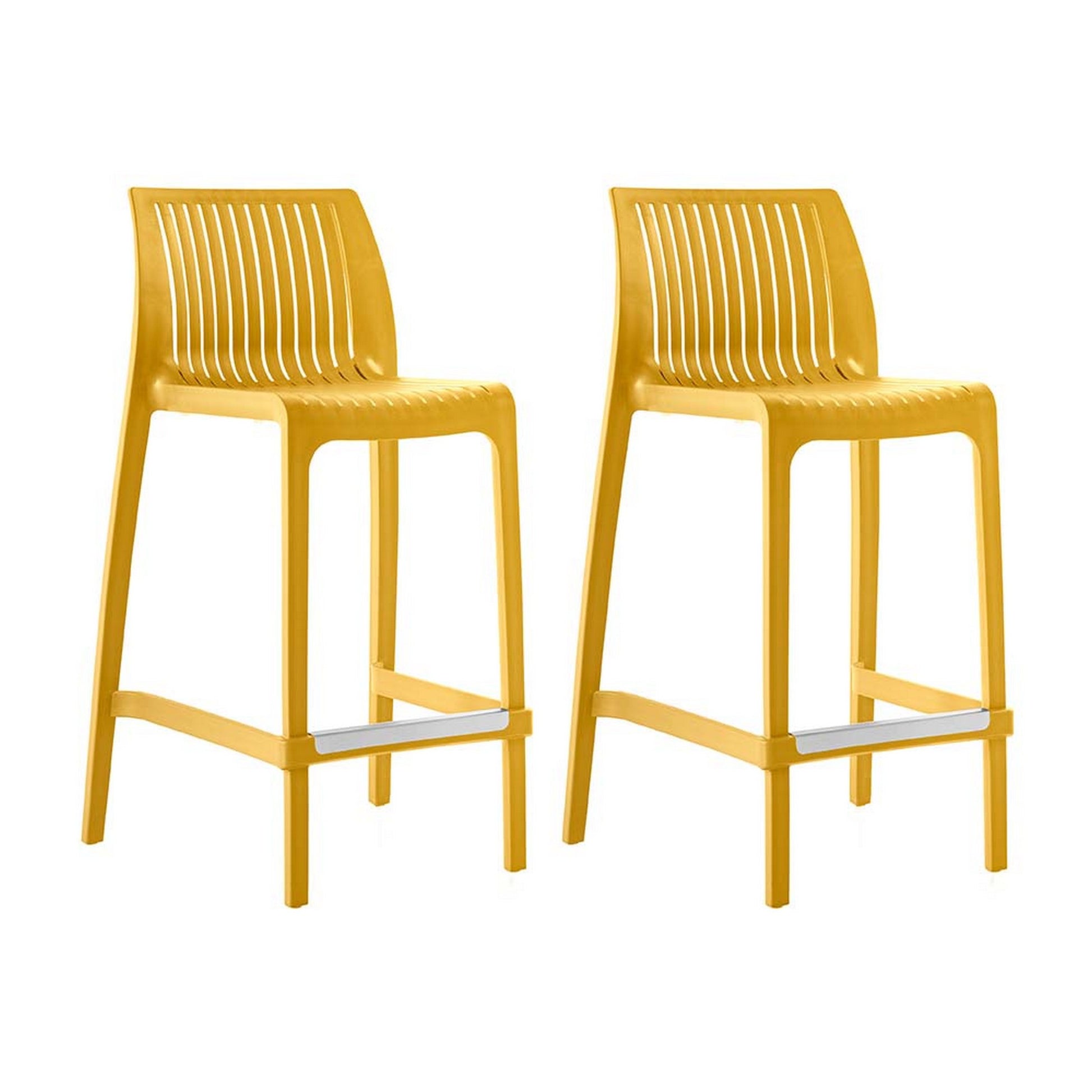 Set of Four 26" Yellow Heavy Duty Plastic Low Back Outdoor Counter Height Bar Chairs-Outdoor Bar Chairs-DECOROLALA