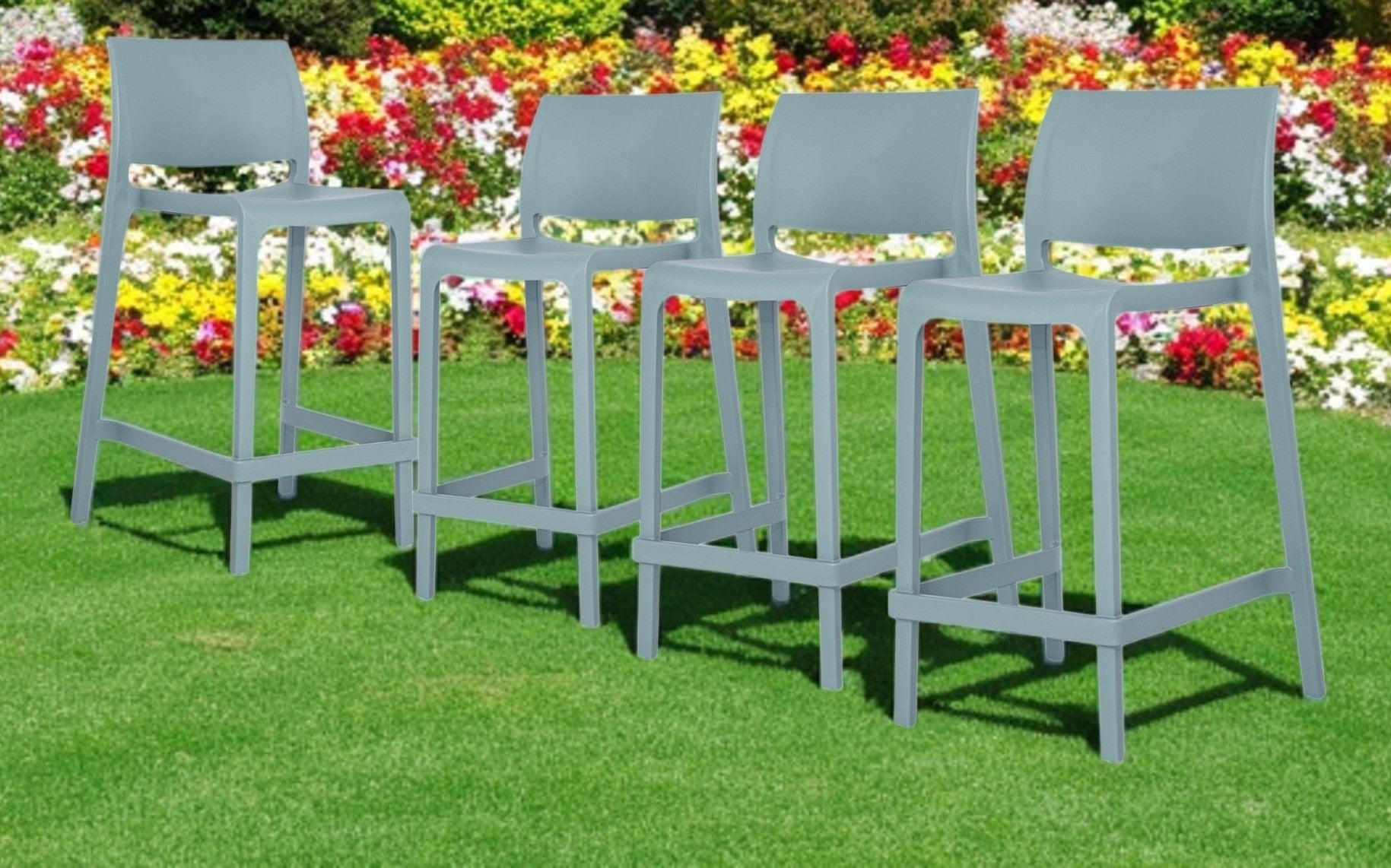 Set of Four 26" Baby Blue Heavy Duty Plastic Low Back Outdoor Counter Height Bar Chairs-Outdoor Bar Chairs-DECOROLALA