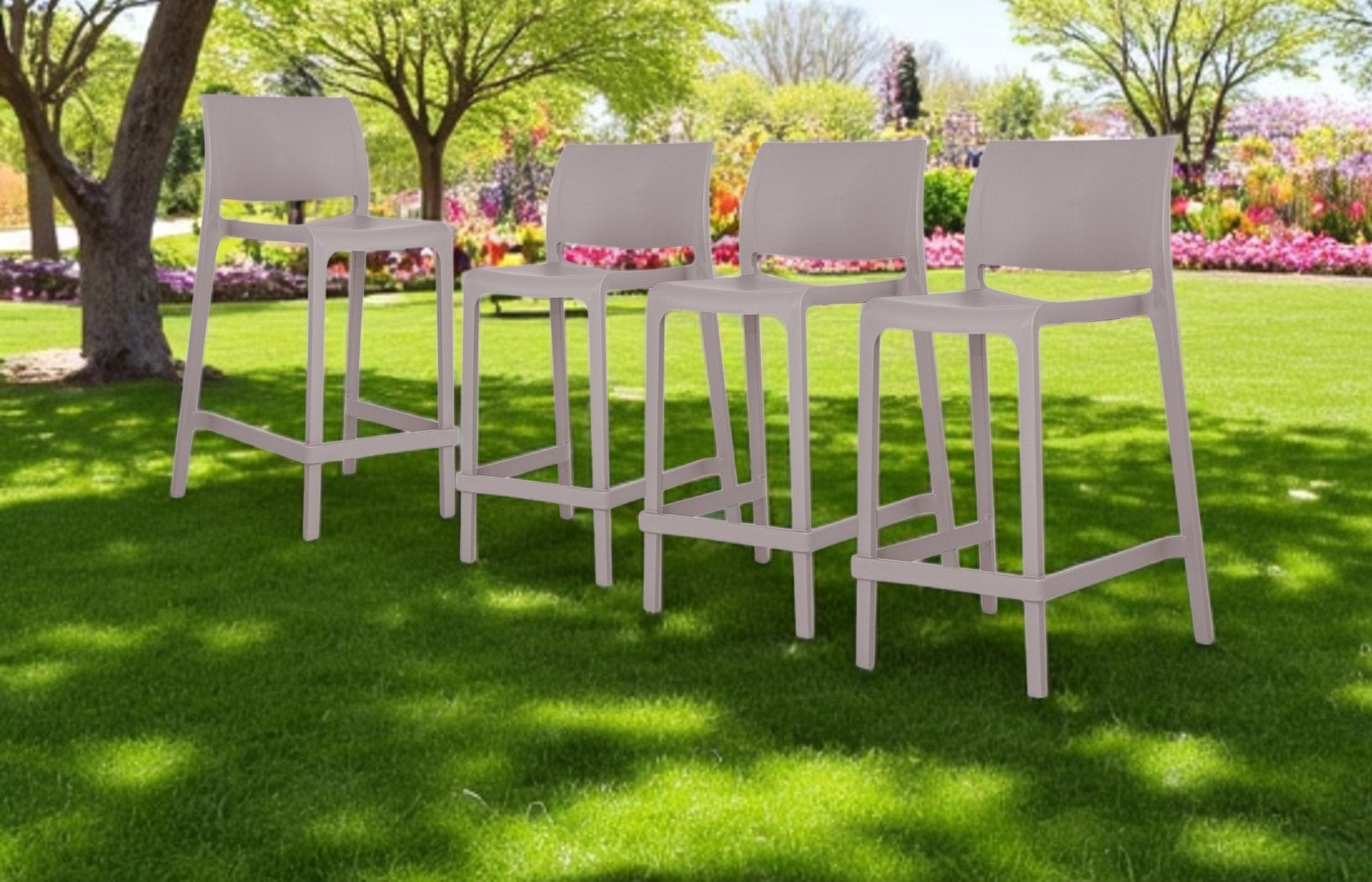 Set of Four 26" Taupe Heavy Duty Plastic Low Back Outdoor Counter Height Bar Chairs-Outdoor Bar Chairs-DECOROLALA