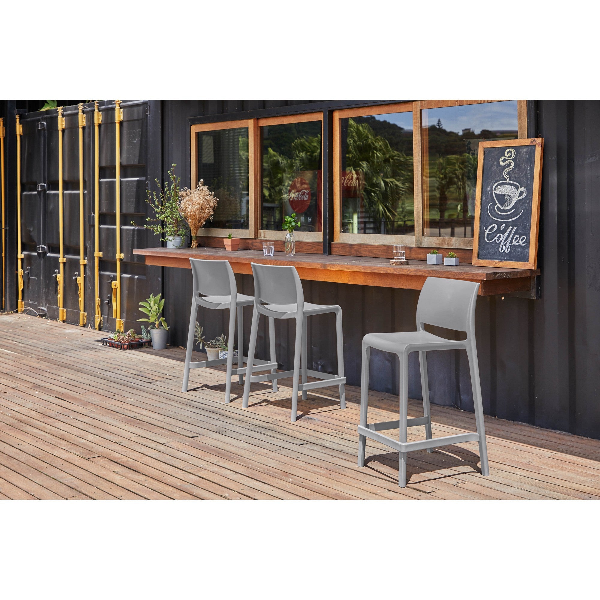 Set of Four 26" Gray Heavy Duty Plastic Low Back Outdoor Counter Height Bar Chairs-Outdoor Bar Chairs-DECOROLALA