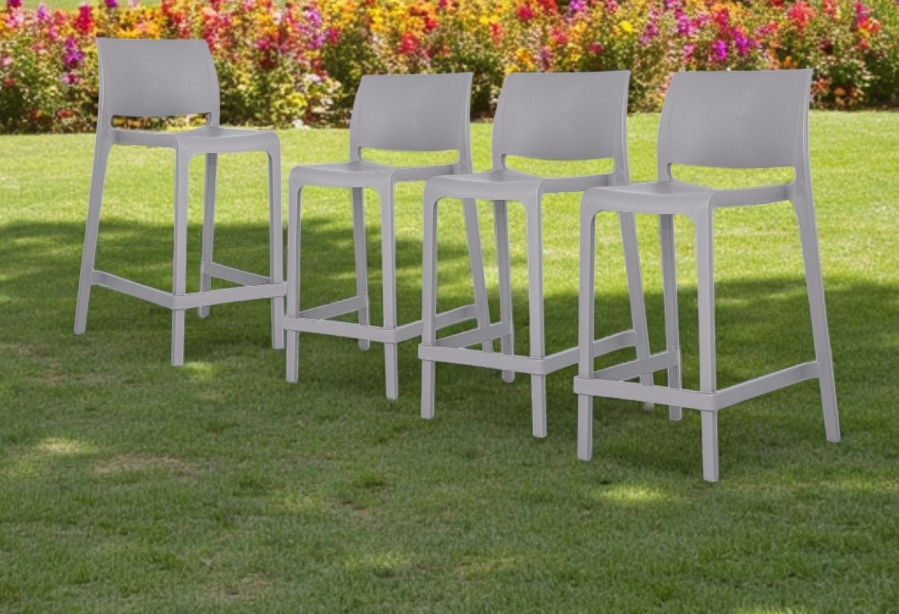 Set of Four 26" Gray Heavy Duty Plastic Low Back Outdoor Counter Height Bar Chairs-Outdoor Bar Chairs-DECOROLALA