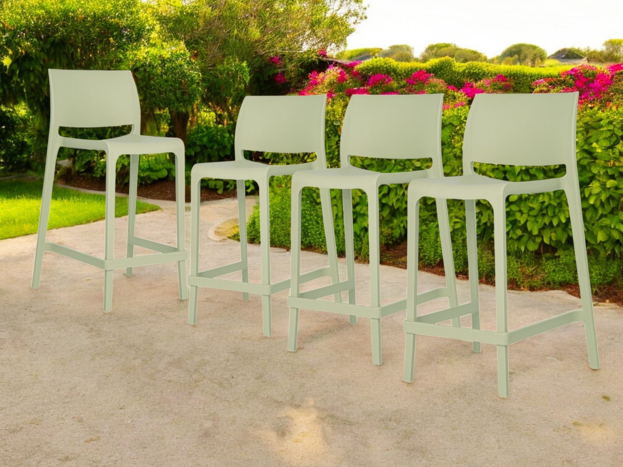 Set of Four 26" Green Heavy Duty Plastic Low Back Outdoor Counter Height Bar Chairs-Outdoor Bar Chairs-DECOROLALA